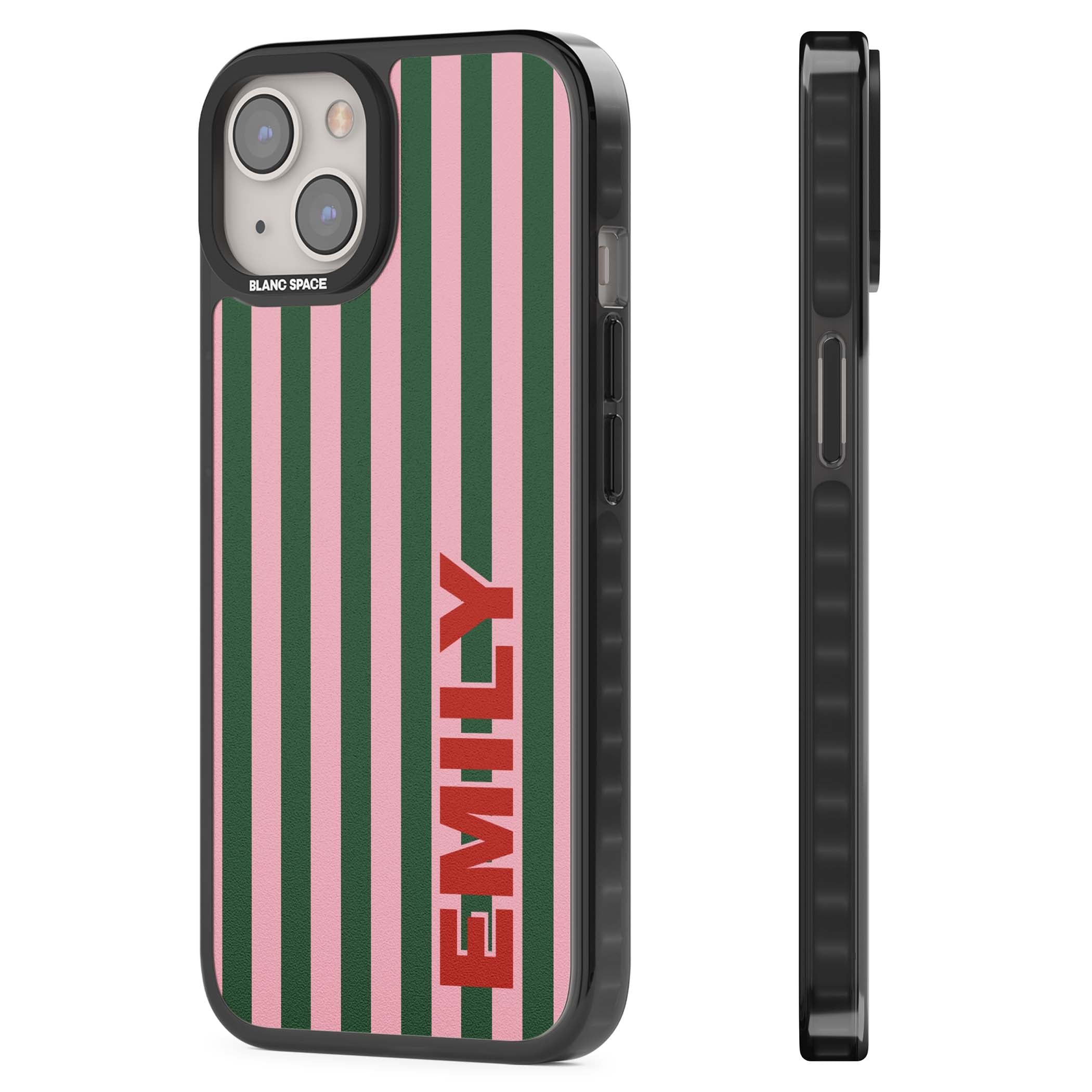 Italian Stripe preppy iPhone case featuring pink and green vertical stripes with personalised red name | Black Impact case for iPhone 13, iPhone 14, iPhone 15