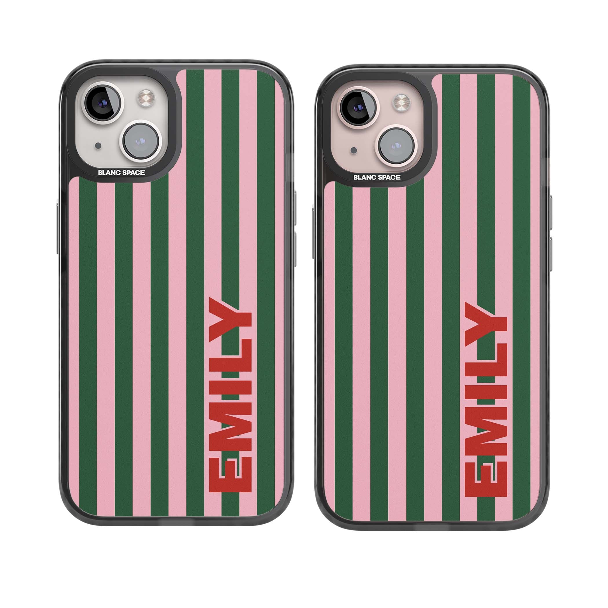Italian Stripe preppy iPhone case featuring pink and green vertical stripes with personalised red name | Black Impact case for iPhone 13, iPhone 14, iPhone 15