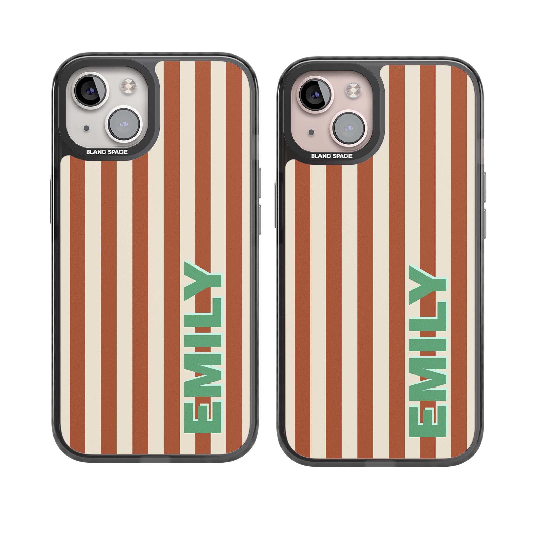 Dune Stripe personalised iPhone case with rust and cream vertical stripes and custom name in mint green | Black Impact case for iPhone 13, iPhone 14, iPhone 15