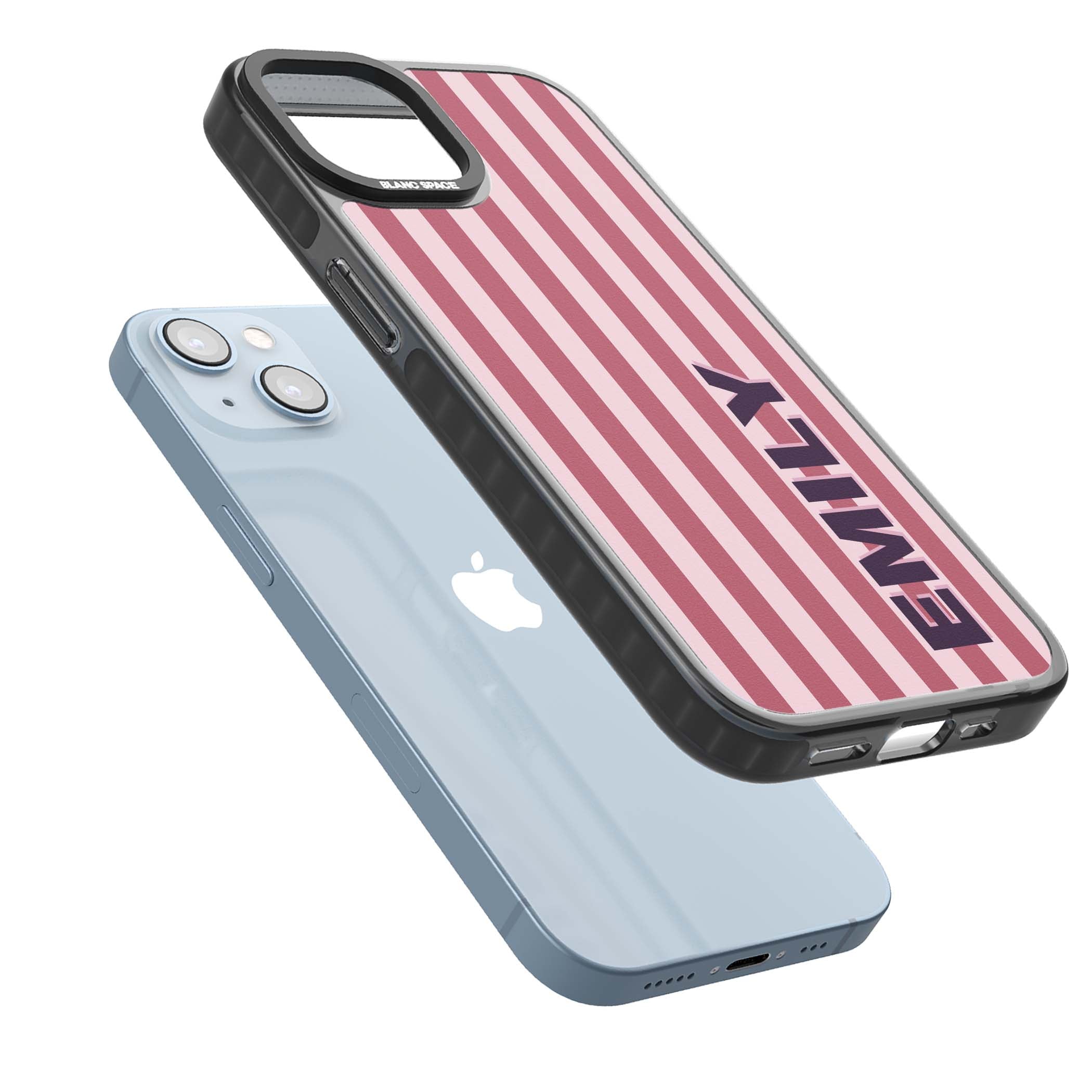 Victoria Stripe personalised iPhone case featuring pink vertical stripes and custom name in bold plum lettering | Black Impact case for iPhone 13, iPhone 14, iPhone 15