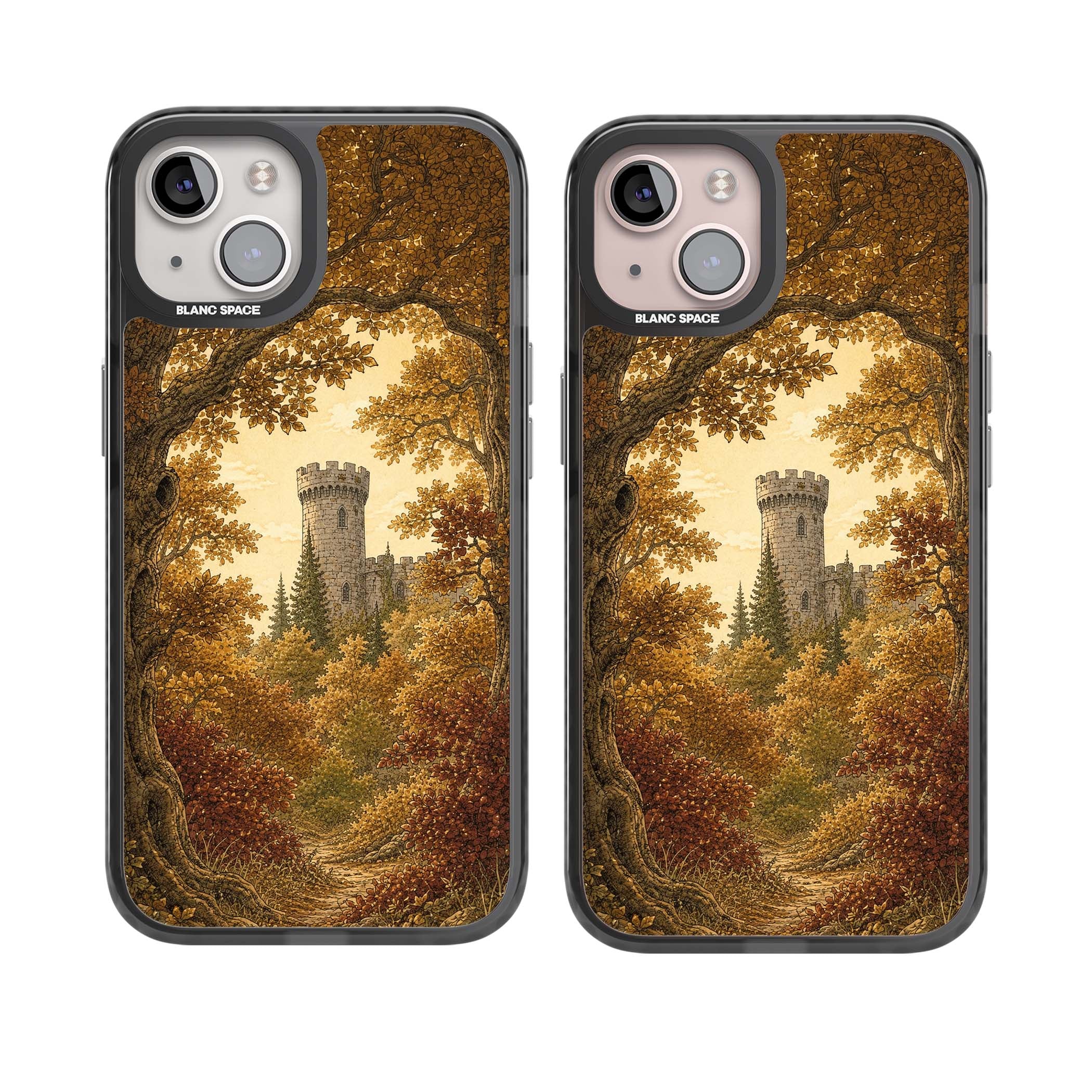 Autumn Keep cottagecore iPhone case featuring a medieval castle tower framed by golden autumn trees and woodland foliage | Black Impact case for iPhone 13, iPhone 14, iPhone 15