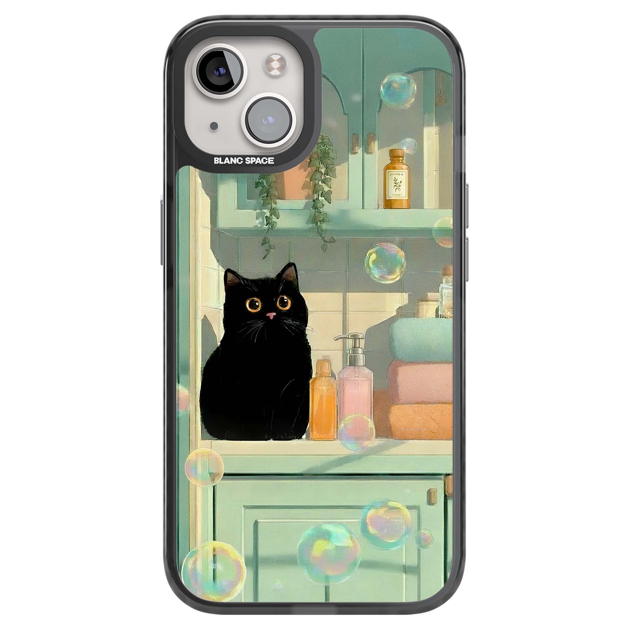 Bathroom Bubble Kitty cottagecore iPhone case featuring a black cat, mint bathroom scene and floating soap bubbles | Black Impact case for iPhone 13, iPhone 14, iPhone 15