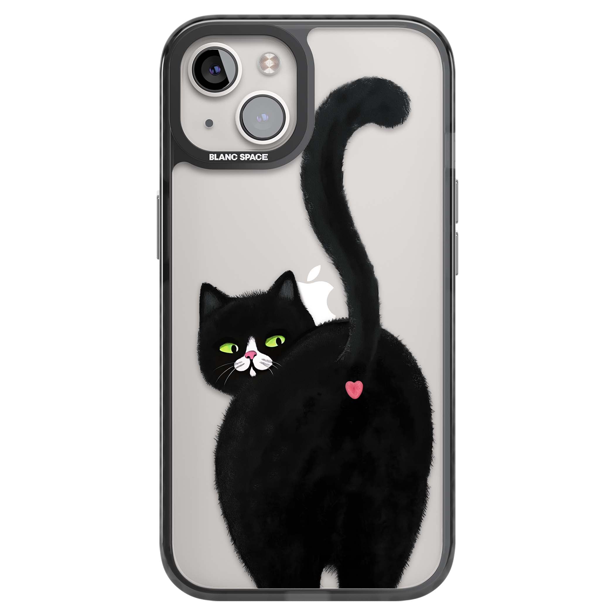 The Cat's Kiss cute cat iPhone case featuring a hand-painted tuxedo kitty with green eyes and a pink heart on a clear  | Black Impact case for iPhone 13, iPhone 14, iPhone 15