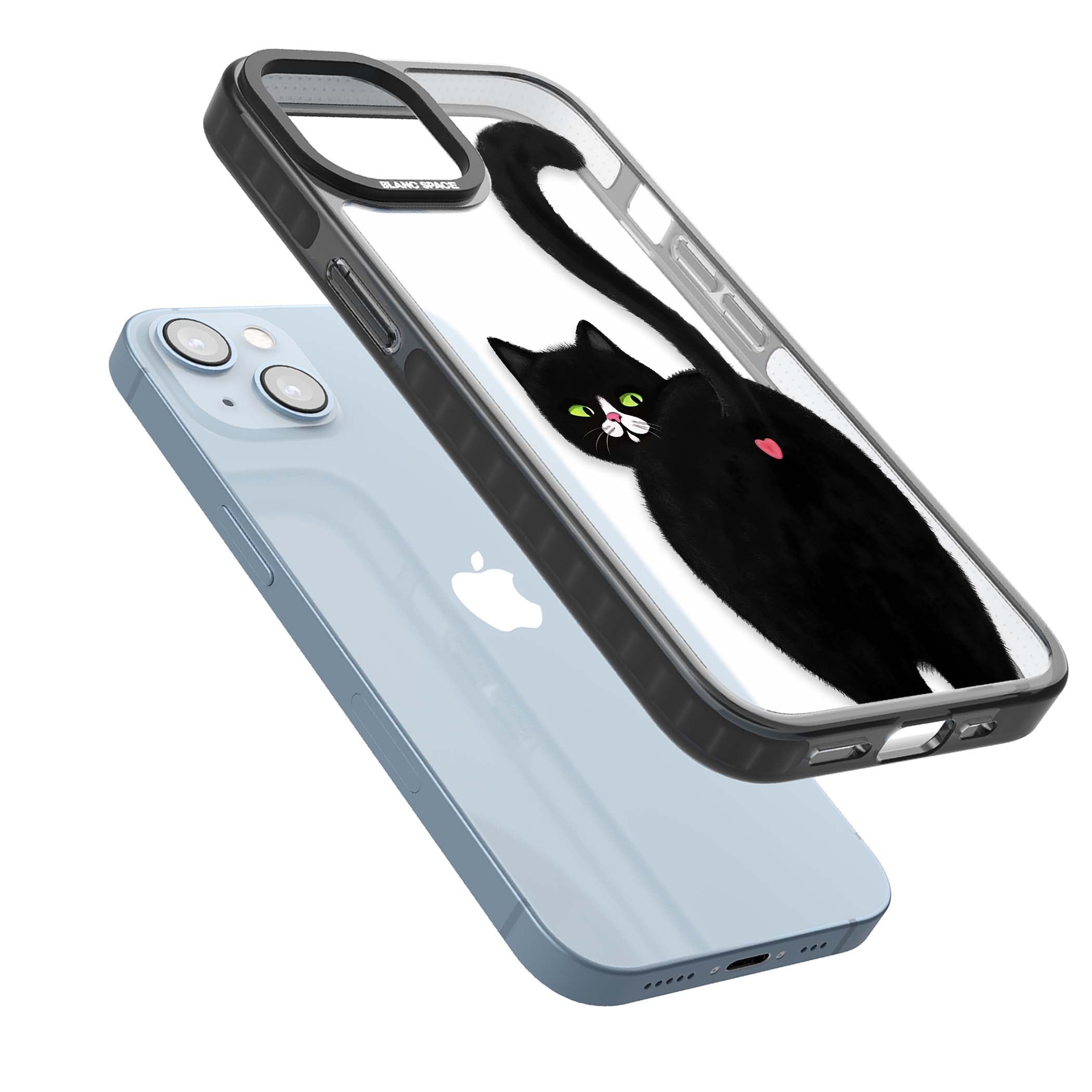 The Cat's Kiss cute cat iPhone case featuring a hand-painted tuxedo kitty with green eyes and a pink heart on a clear  | Black Impact case for iPhone 13, iPhone 14, iPhone 15