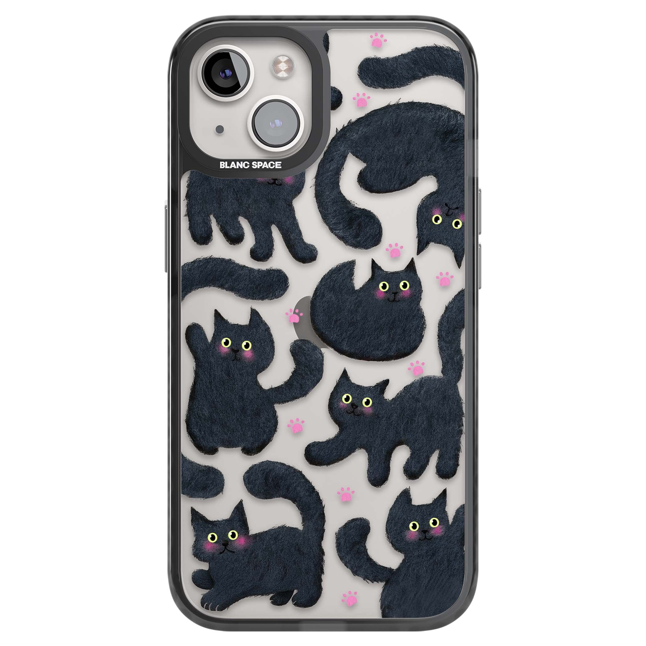 Midnight Cats cute iPhone case featuring black cat pattern with yellow eyes and pink paw prints | Black Impact case for iPhone 13, iPhone 14, iPhone 15