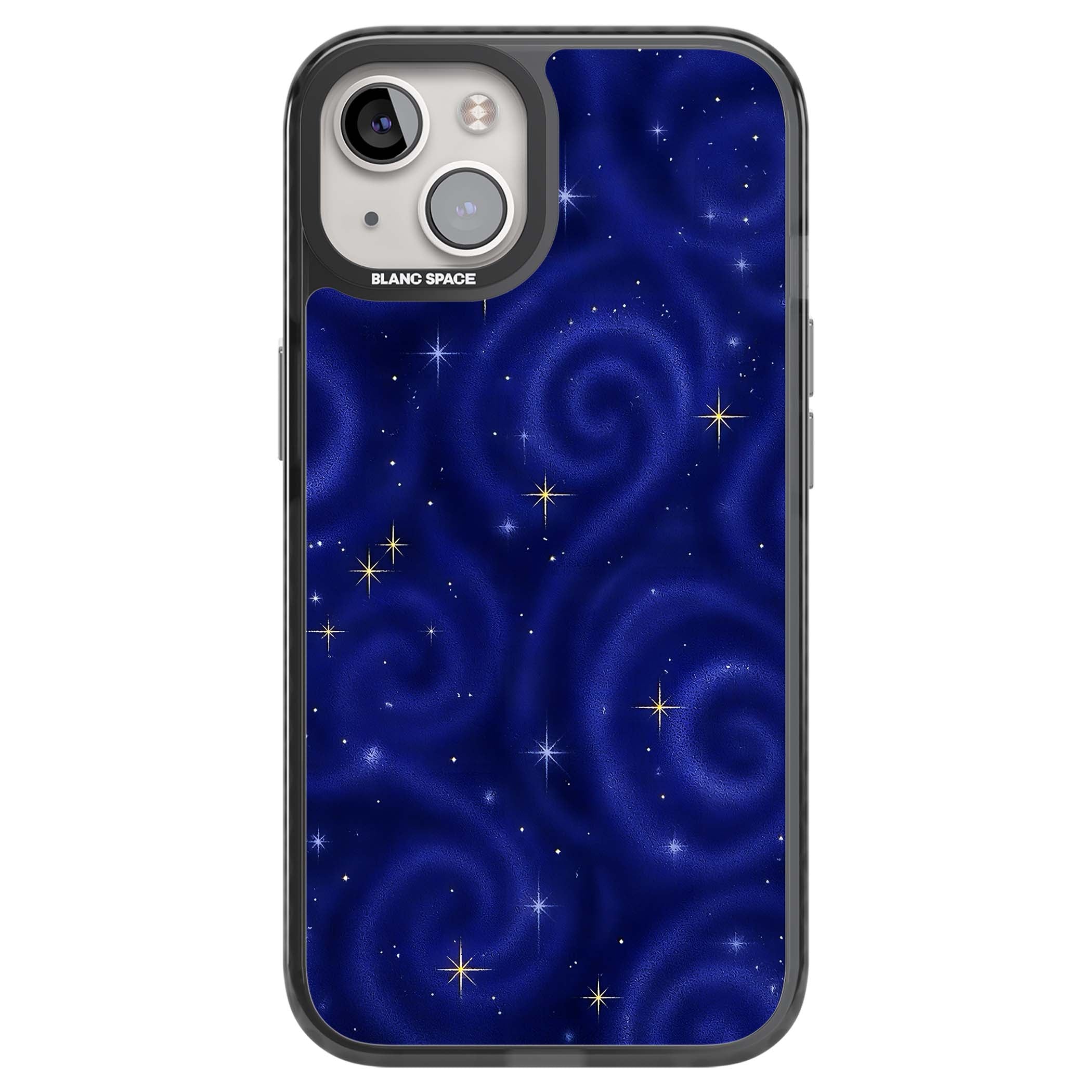 Indigo Cosmos celestial iPhone case featuring swirling navy night sky and sparkling golden stars | Black Impact case for iPhone 13, iPhone 14, iPhone 15