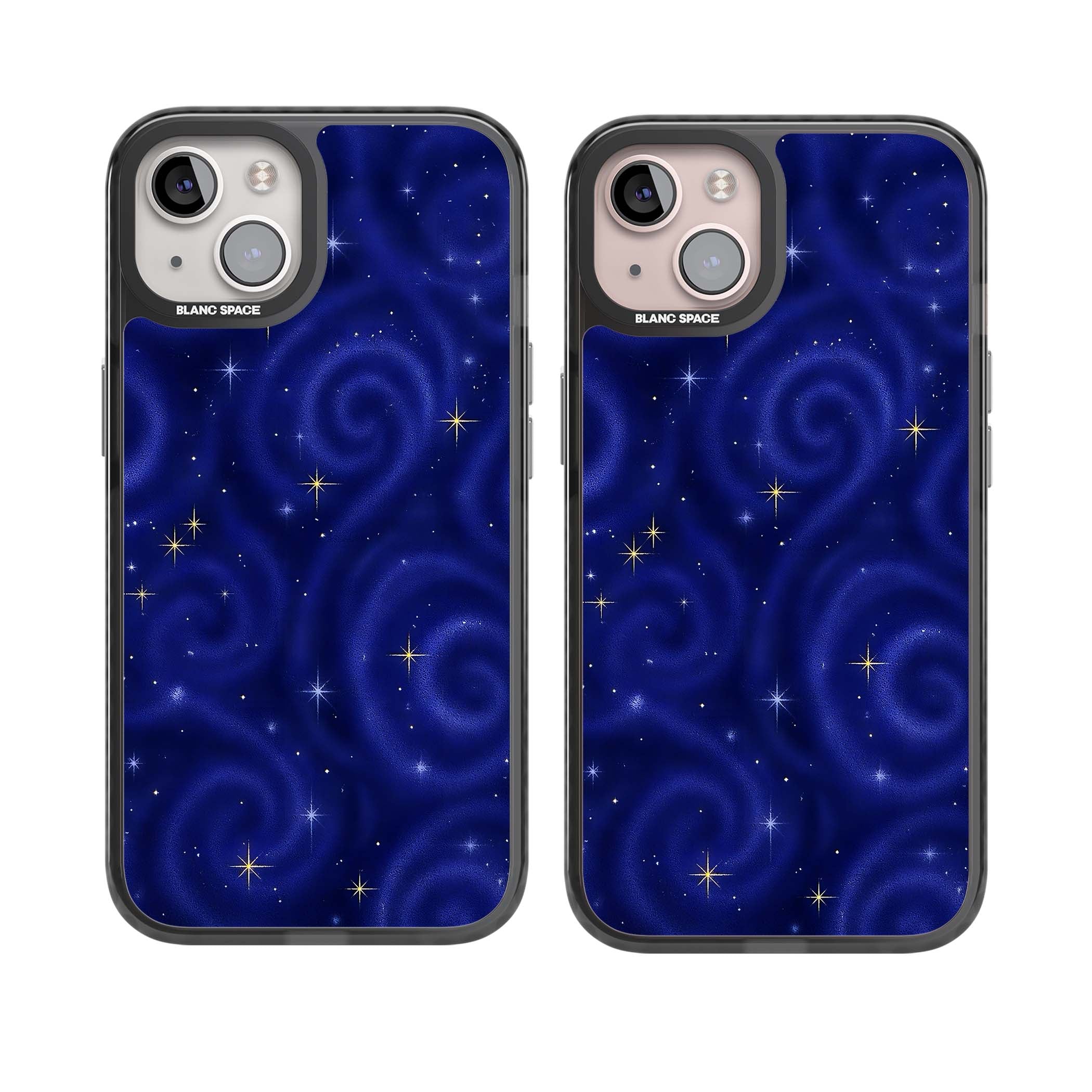 Indigo Cosmos celestial iPhone case featuring swirling navy night sky and sparkling golden stars | Black Impact case for iPhone 13, iPhone 14, iPhone 15
