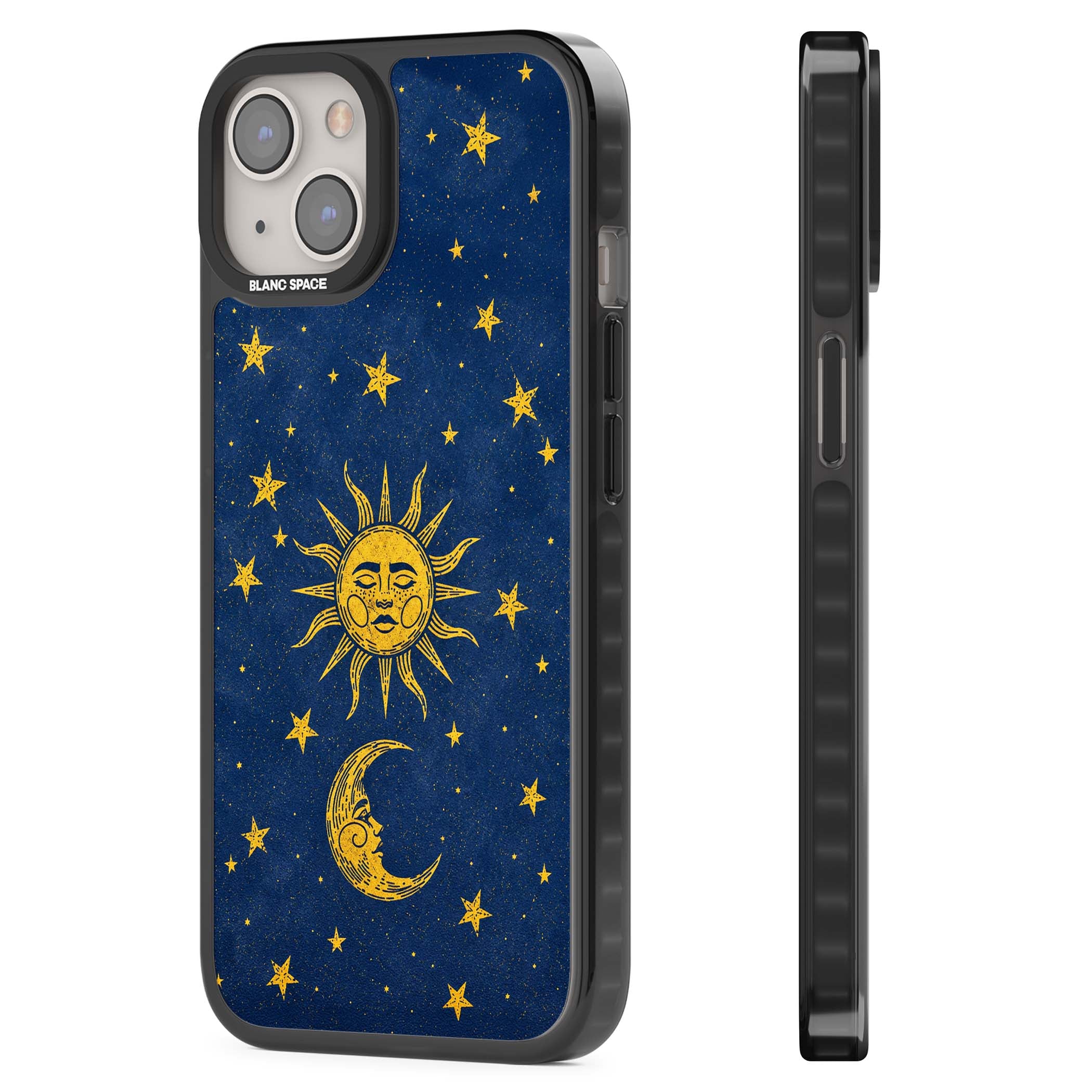 Sun & Moon Reverie celestial iPhone case featuring a vintage golden sun, crescent moon and scattered stars on midnight blue | Black Impact case for iPhone 13, iPhone 14, iPhone 15