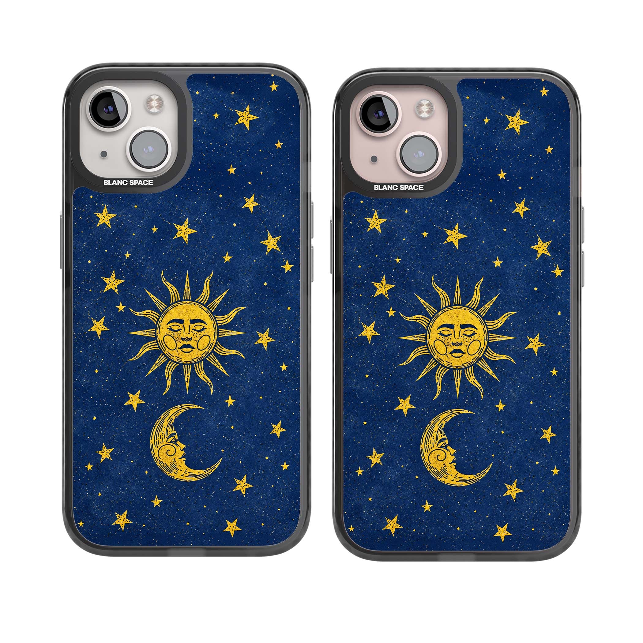 Sun & Moon Reverie celestial iPhone case featuring a vintage golden sun, crescent moon and scattered stars on midnight blue | Black Impact case for iPhone 13, iPhone 14, iPhone 15