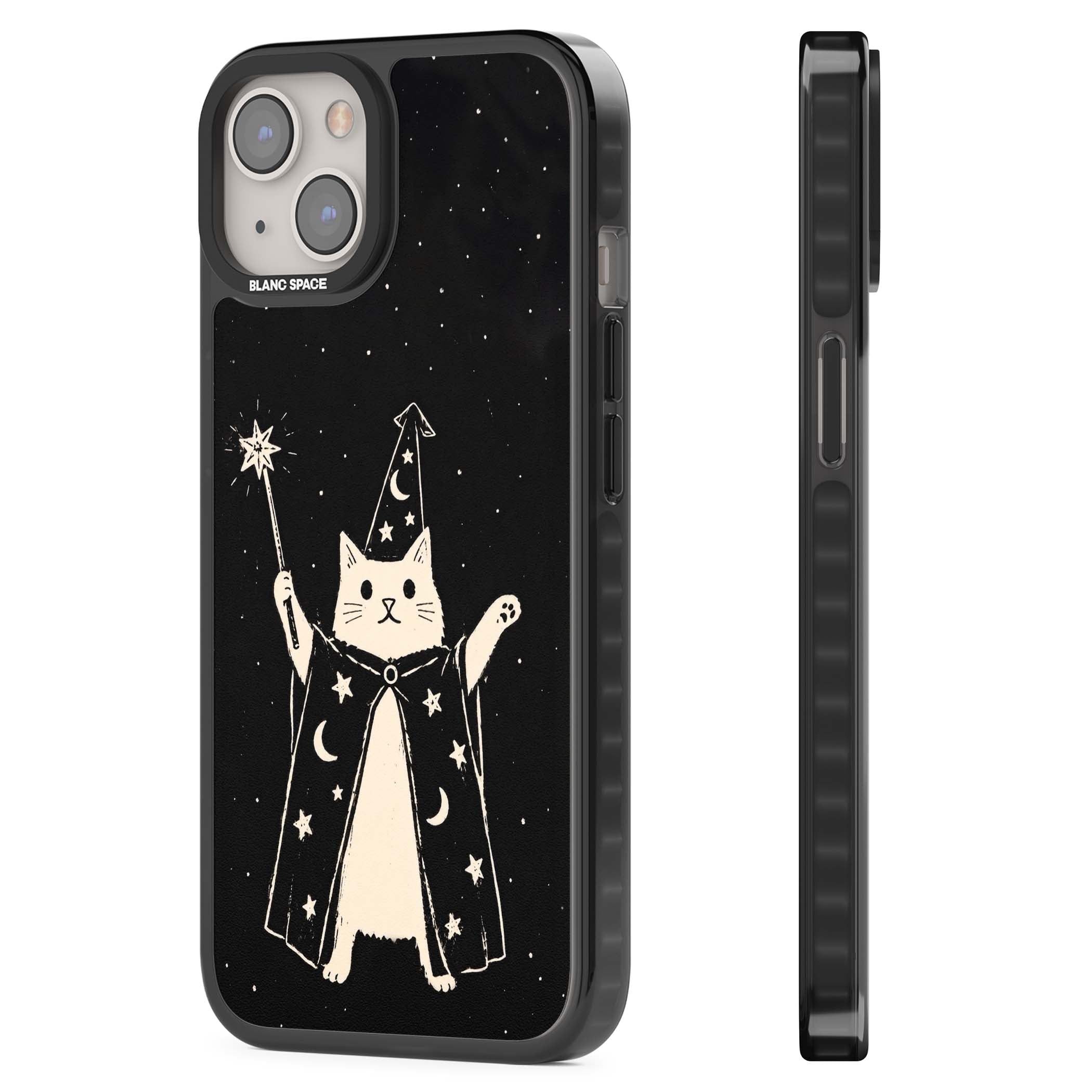 Whisker Wizard celestial cat iPhone case featuring a wizard cat with magic wand, starry night sky and crescent moons | Black Impact case for iPhone 13, iPhone 14, iPhone 15
