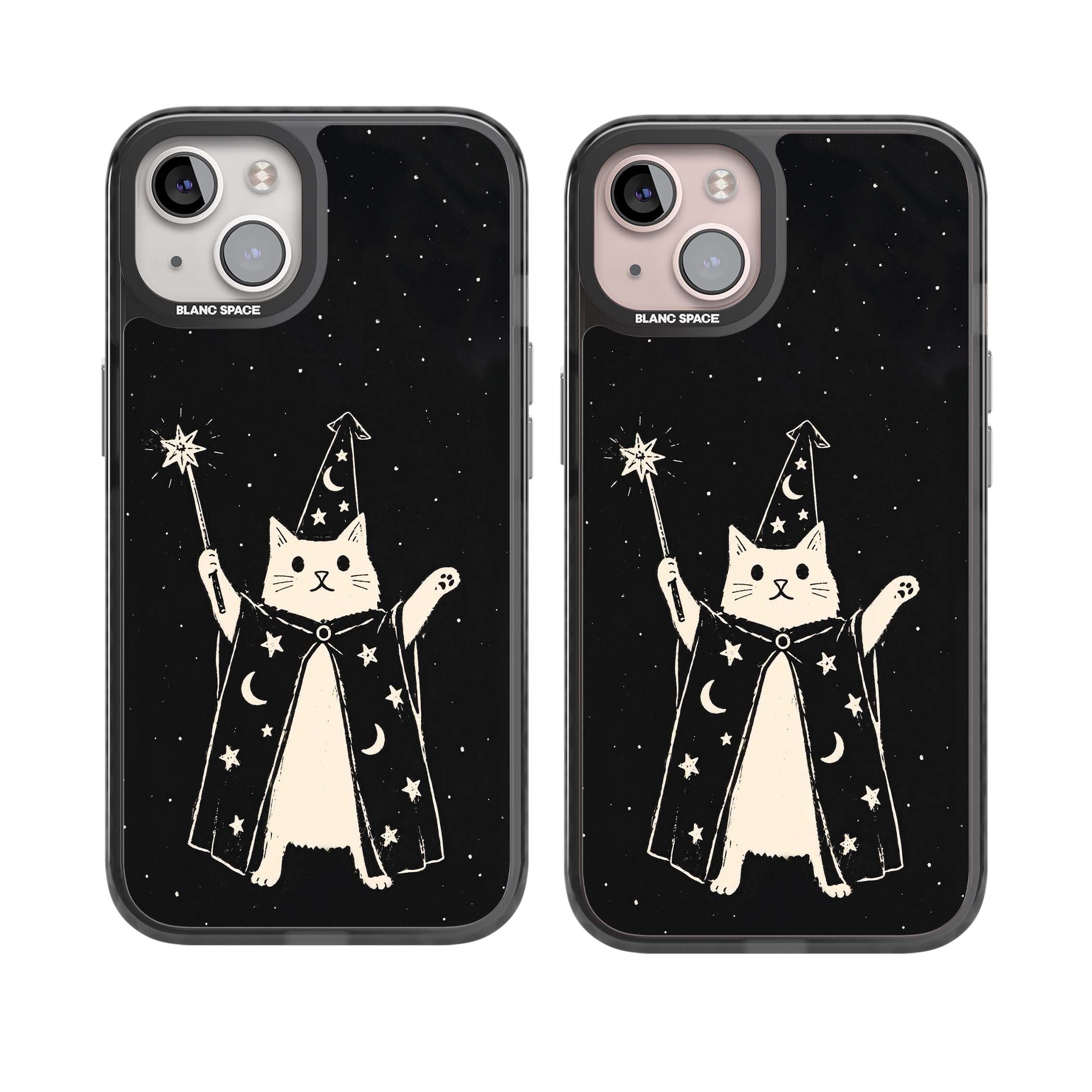 Whisker Wizard celestial cat iPhone case featuring a wizard cat with magic wand, starry night sky and crescent moons | Black Impact case for iPhone 13, iPhone 14, iPhone 15