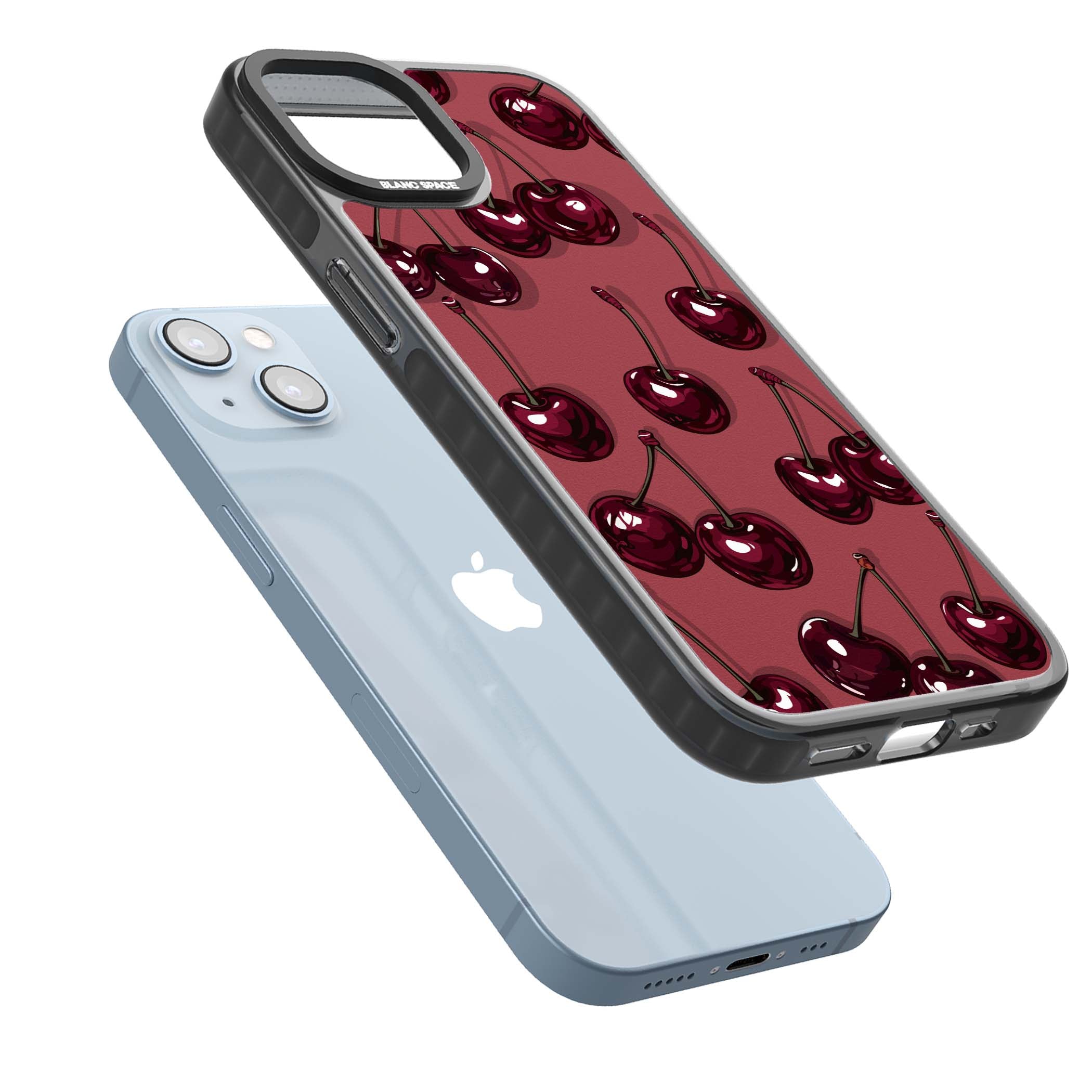 Cherry Rebel coquette iPhone case featuring glossy burgundy cherries on a dusty rose background | Black Impact case for iPhone 13, iPhone 14, iPhone 15