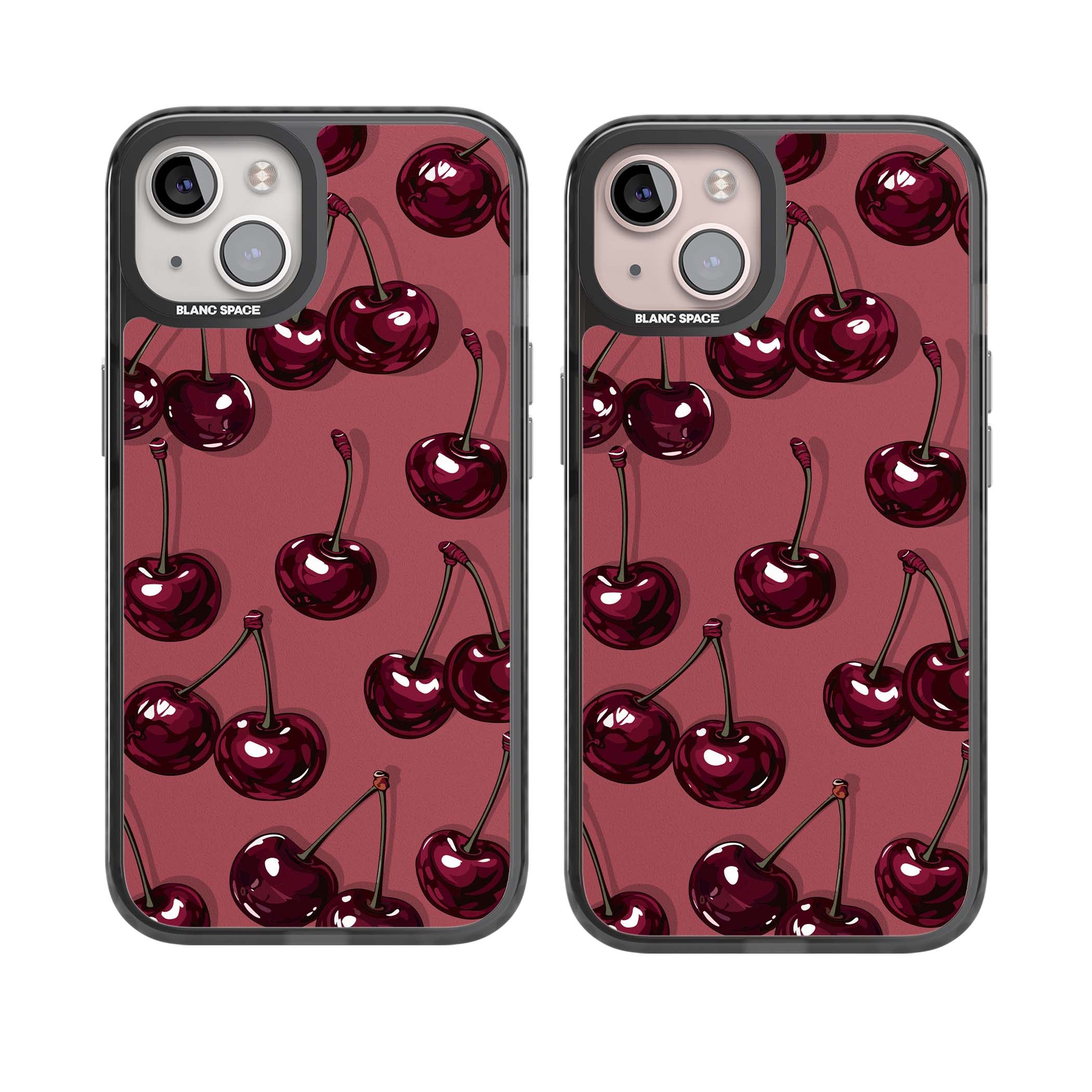 Cherry Rebel coquette iPhone case featuring glossy burgundy cherries on a dusty rose background | Black Impact case for iPhone 13, iPhone 14, iPhone 15
