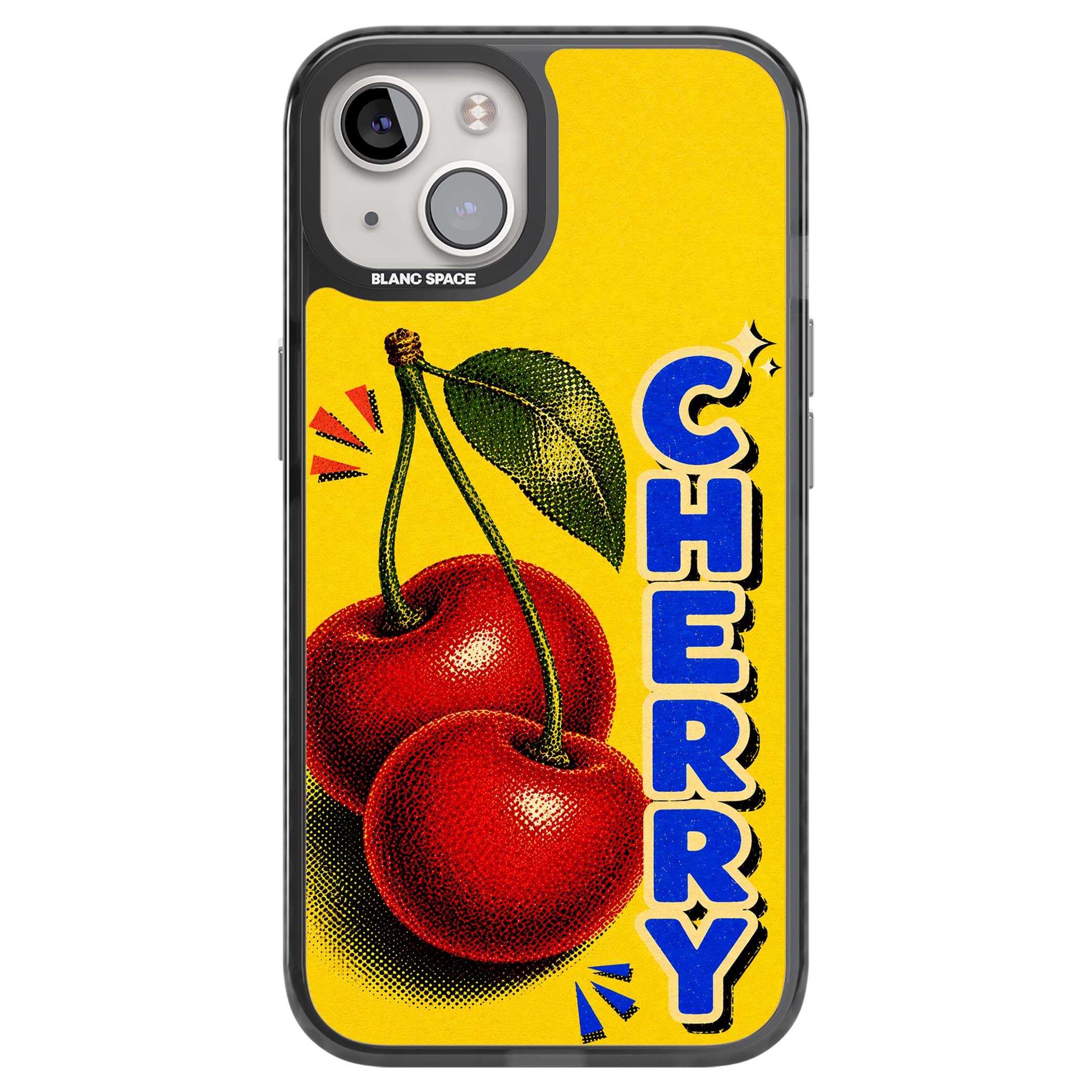 Cherry Yellow y2k iPhone case featuring two red cherries, halftone shading and bold blue CHERRY lettering on yellow | Black Impact case for iPhone 13, iPhone 14, iPhone 15
