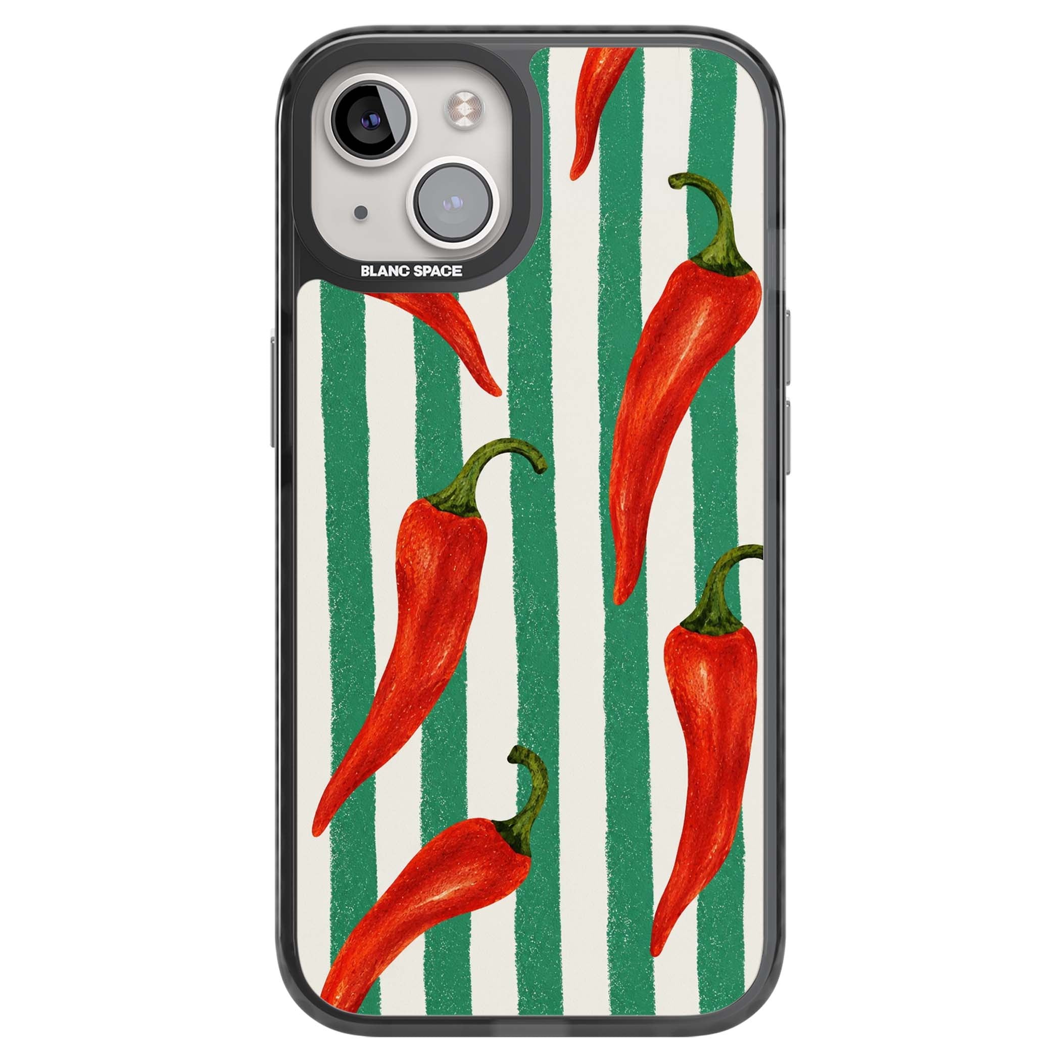 Striped Chillis coastal iPhone case featuring hand-painted red chili peppers on green and cream stripes | Black Impact case for iPhone 13, iPhone 14, iPhone 15