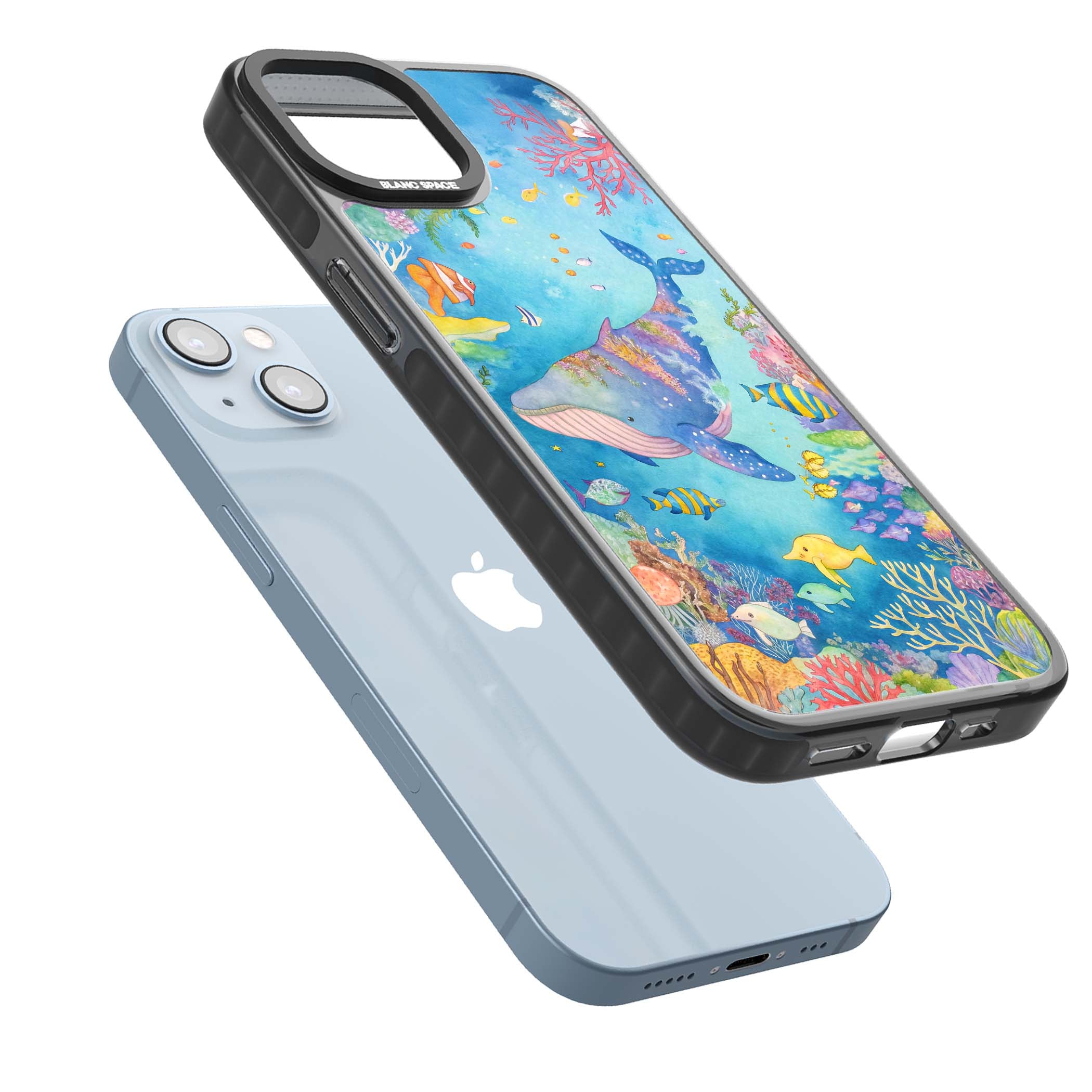 Coral Lagoon ocean iPhone case featuring a watercolour whale, coral reef and tropical fish | Black Impact case for iPhone 13, iPhone 14, iPhone 15