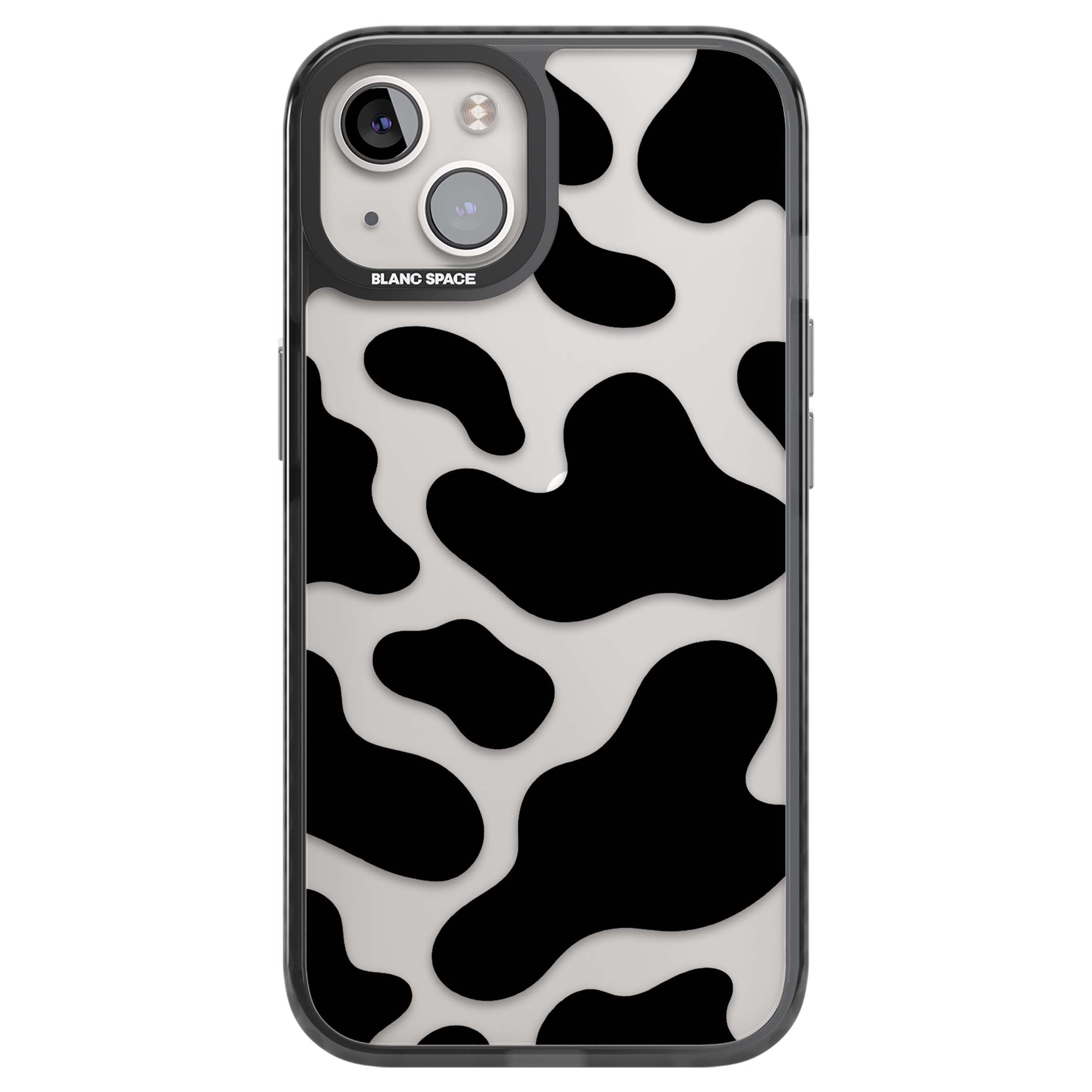 Clear Cow Print cow print iPhone case featuring black and white cow pattern splotches on a clear background | Black Impact case for iPhone 13, iPhone 14, iPhone 15