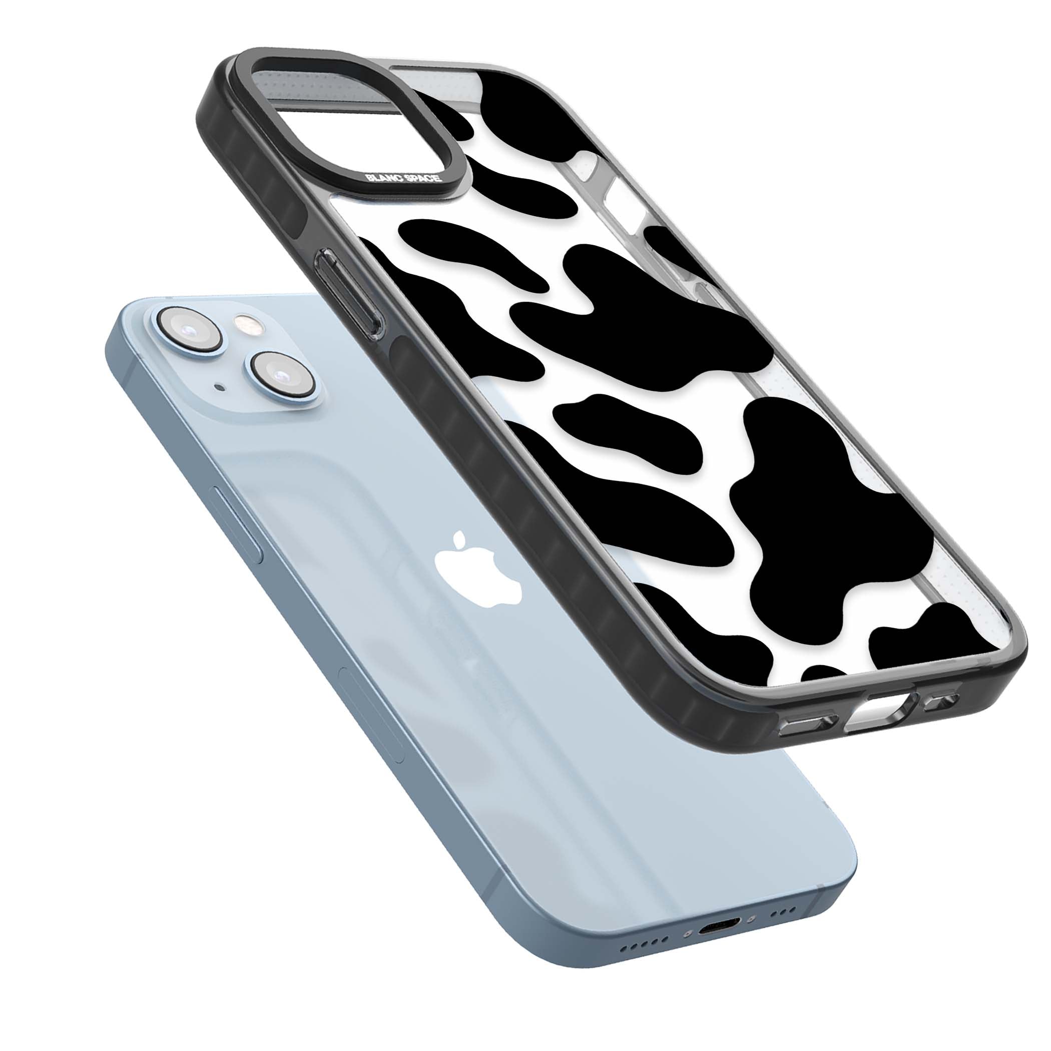 Clear Cow Print cow print iPhone case featuring black and white cow pattern splotches on a clear background | Black Impact case for iPhone 13, iPhone 14, iPhone 15