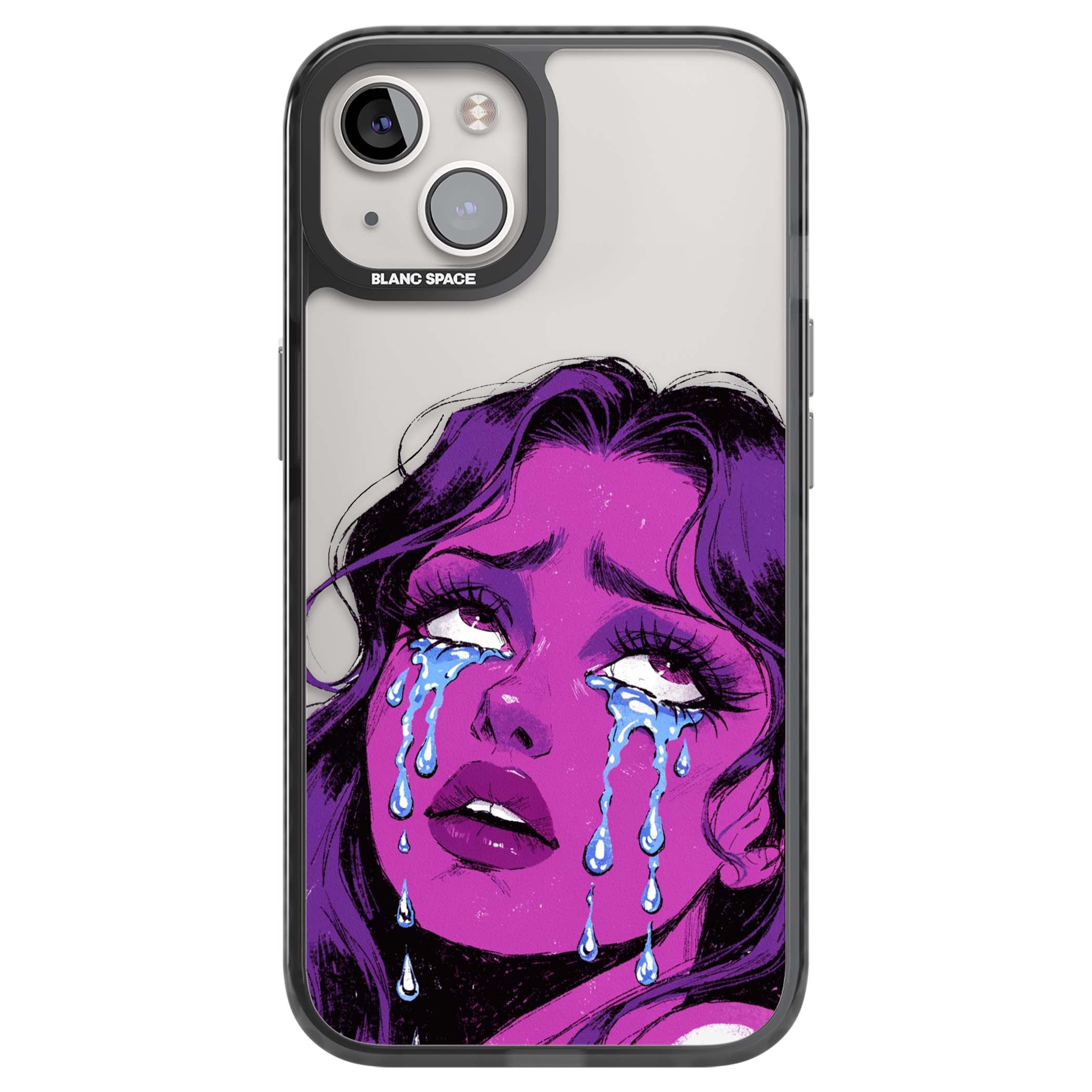 Drama Queen pop art iPhone case featuring a purple crying comic girl with blue tears | Black Impact case for iPhone 13, iPhone 14, iPhone 15