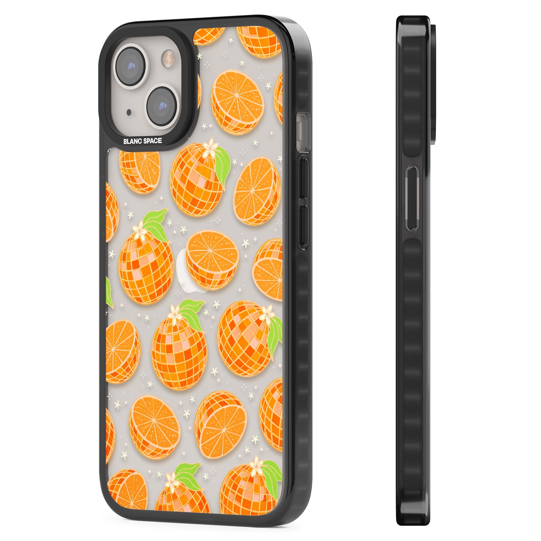 Disco Oranges retro iPhone case featuring mirrorball oranges, citrus slices and tiny blossoms on clear | Black Impact case for iPhone 13, iPhone 14, iPhone 15