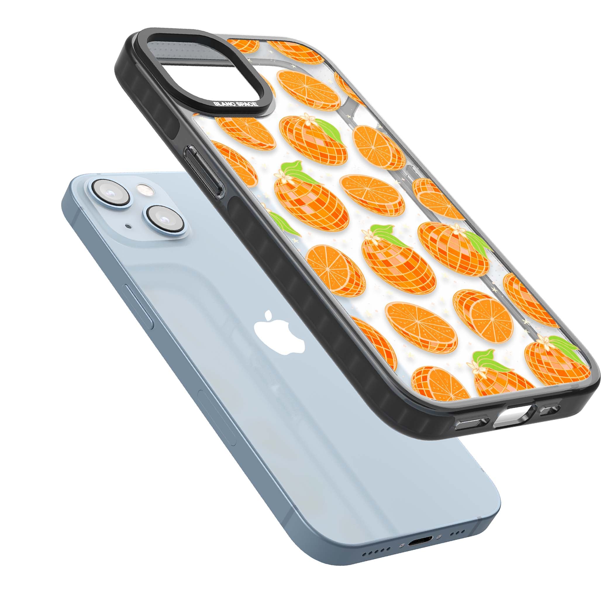 Disco Oranges retro iPhone case featuring mirrorball oranges, citrus slices and tiny blossoms on clear | Black Impact case for iPhone 13, iPhone 14, iPhone 15