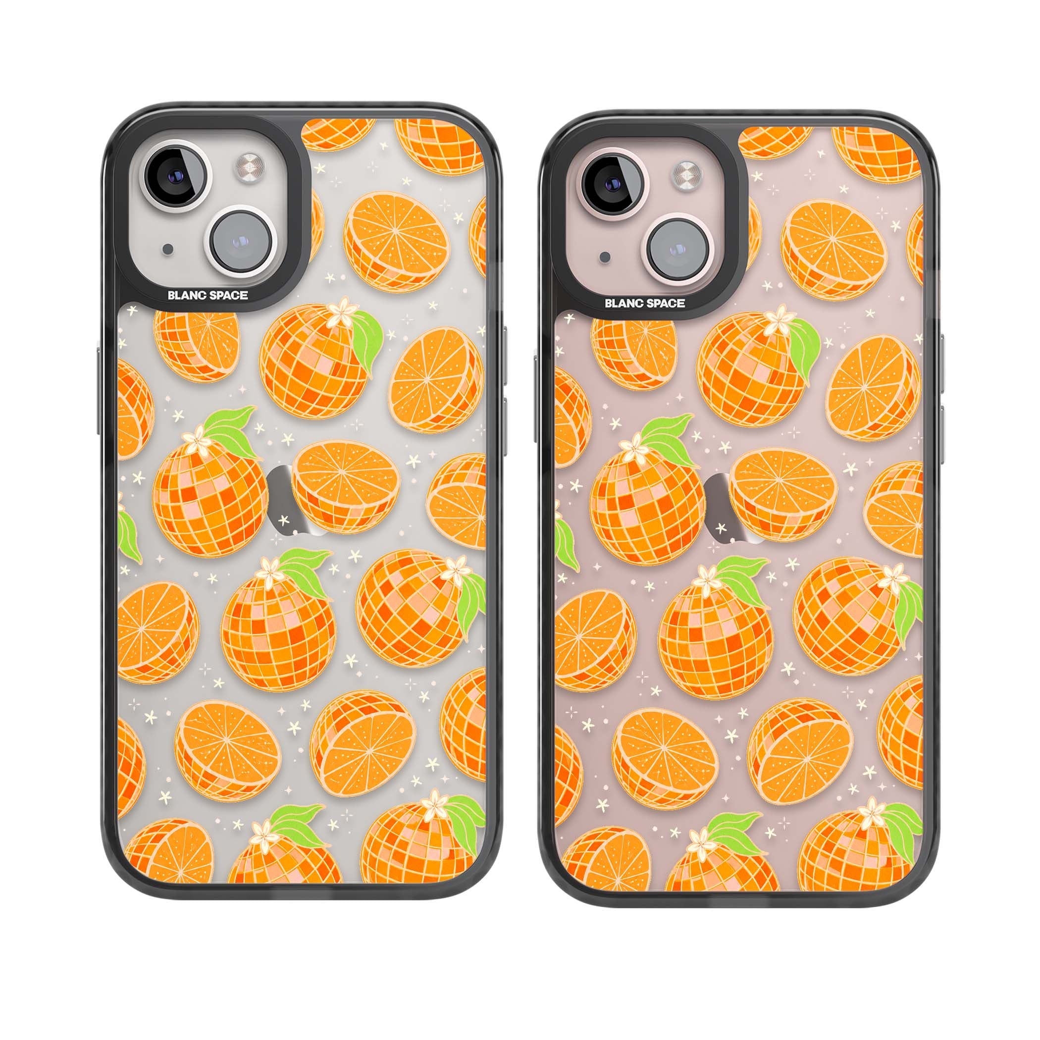Disco Oranges retro iPhone case featuring mirrorball oranges, citrus slices and tiny blossoms on clear | Black Impact case for iPhone 13, iPhone 14, iPhone 15