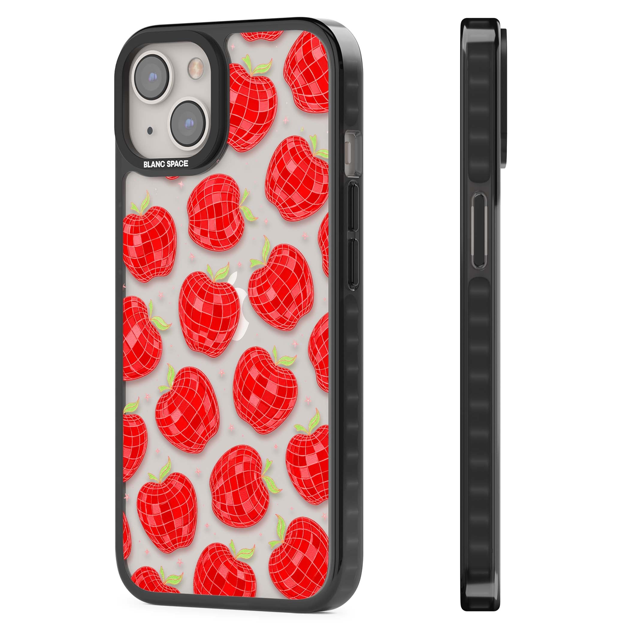 Disco Apples Y2K iPhone case featuring red disco ball apples, green leaves and pink sparkles on clear | Black Impact case for iPhone 13, iPhone 14, iPhone 15