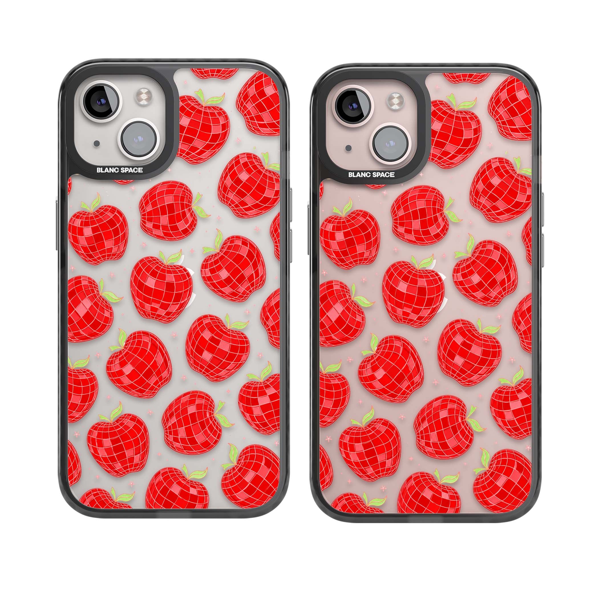 Disco Apples Y2K iPhone case featuring red disco ball apples, green leaves and pink sparkles on clear | Black Impact case for iPhone 13, iPhone 14, iPhone 15