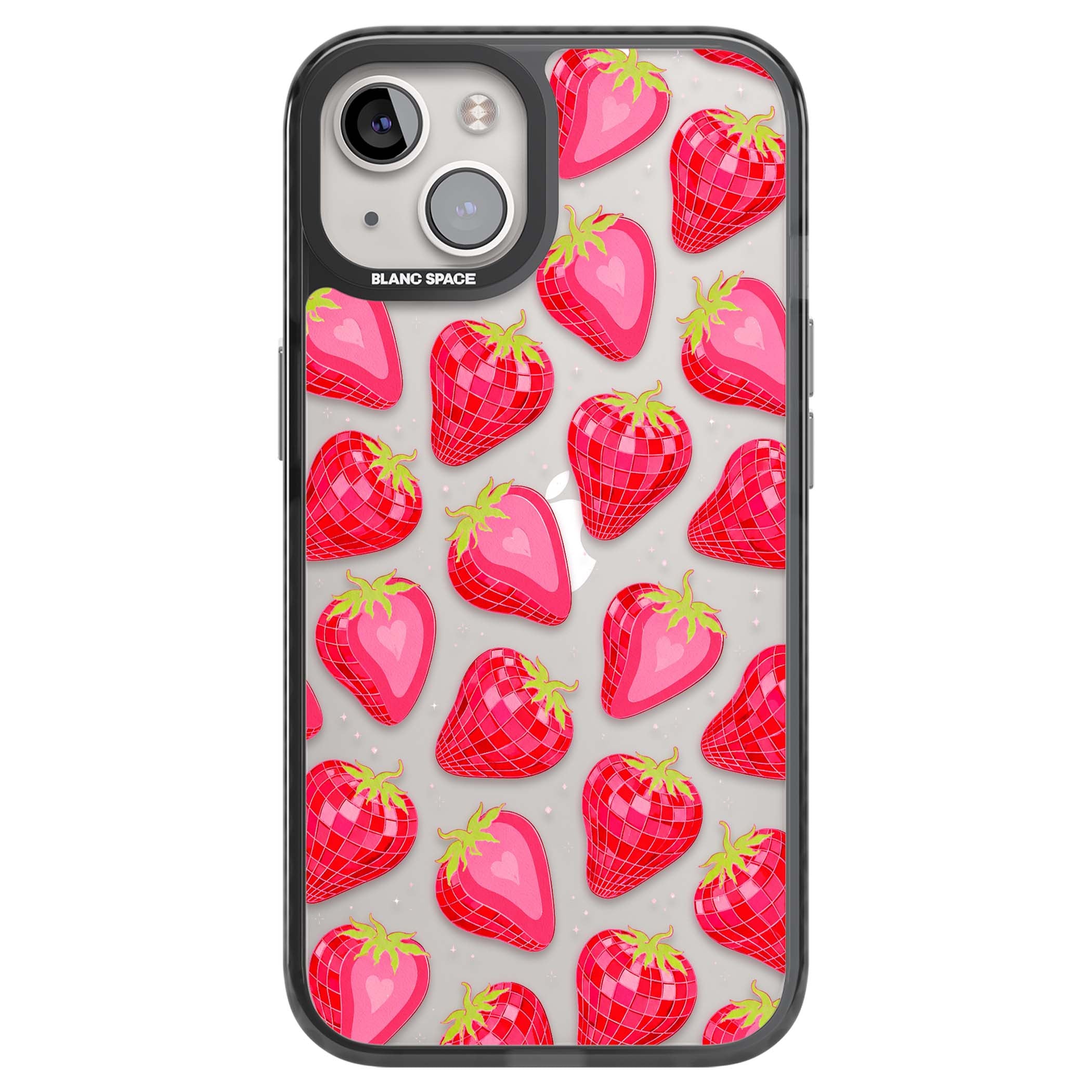 Disco Strawberry Y2K iPhone case featuring pink disco-ball strawberries, green leaves and tiny sparkles | Black Impact case for iPhone 13, iPhone 14, iPhone 15