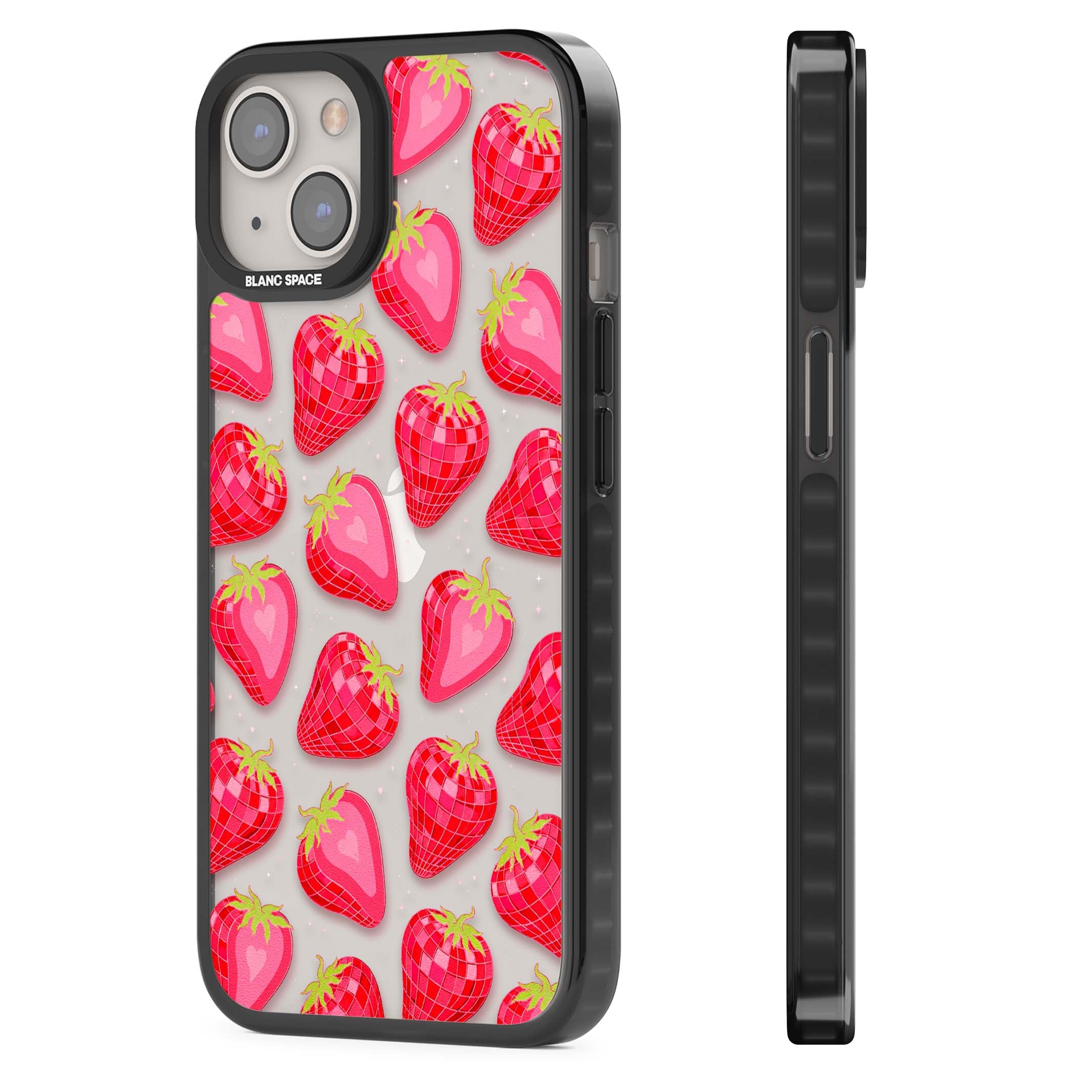Disco Strawberry Y2K iPhone case featuring pink disco-ball strawberries, green leaves and tiny sparkles | Black Impact case for iPhone 13, iPhone 14, iPhone 15