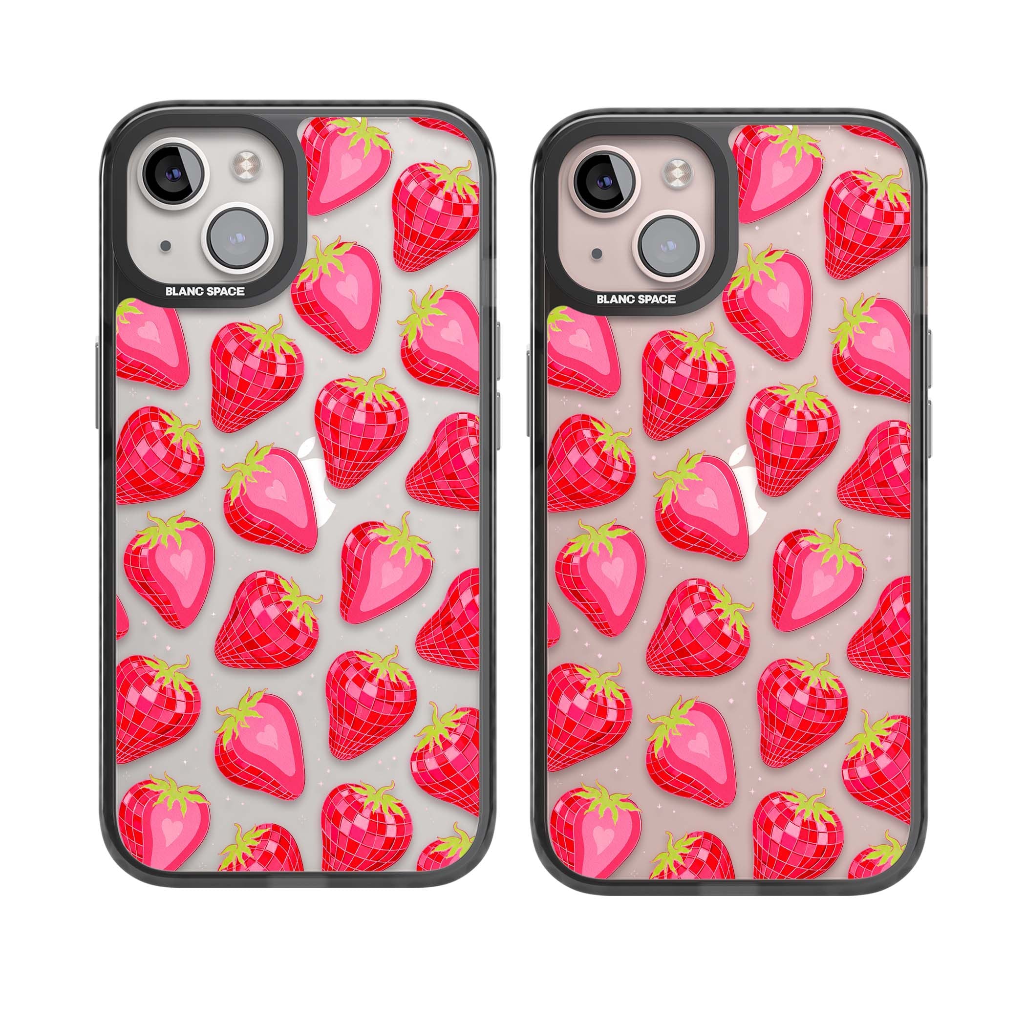 Disco Strawberry Y2K iPhone case featuring pink disco-ball strawberries, green leaves and tiny sparkles | Black Impact case for iPhone 13, iPhone 14, iPhone 15