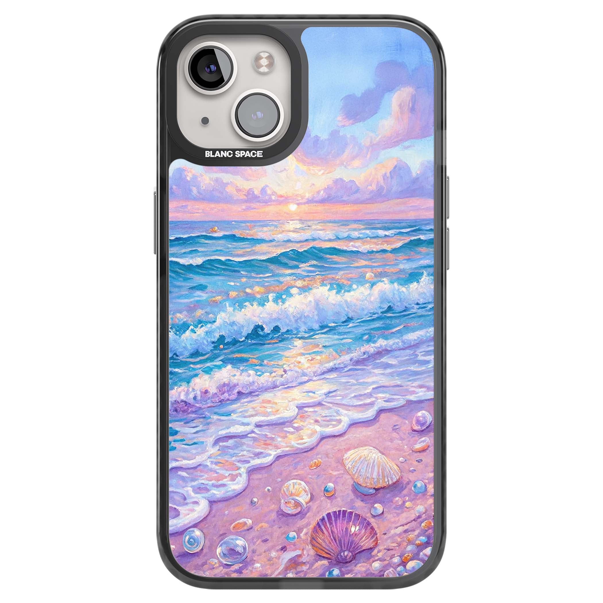 Pearl Shore coastal iPhone case featuring pastel painted waves, seashells, and a sunrise sky over a lavender beach. | Black Impact case for iPhone 13, iPhone 14, iPhone 15