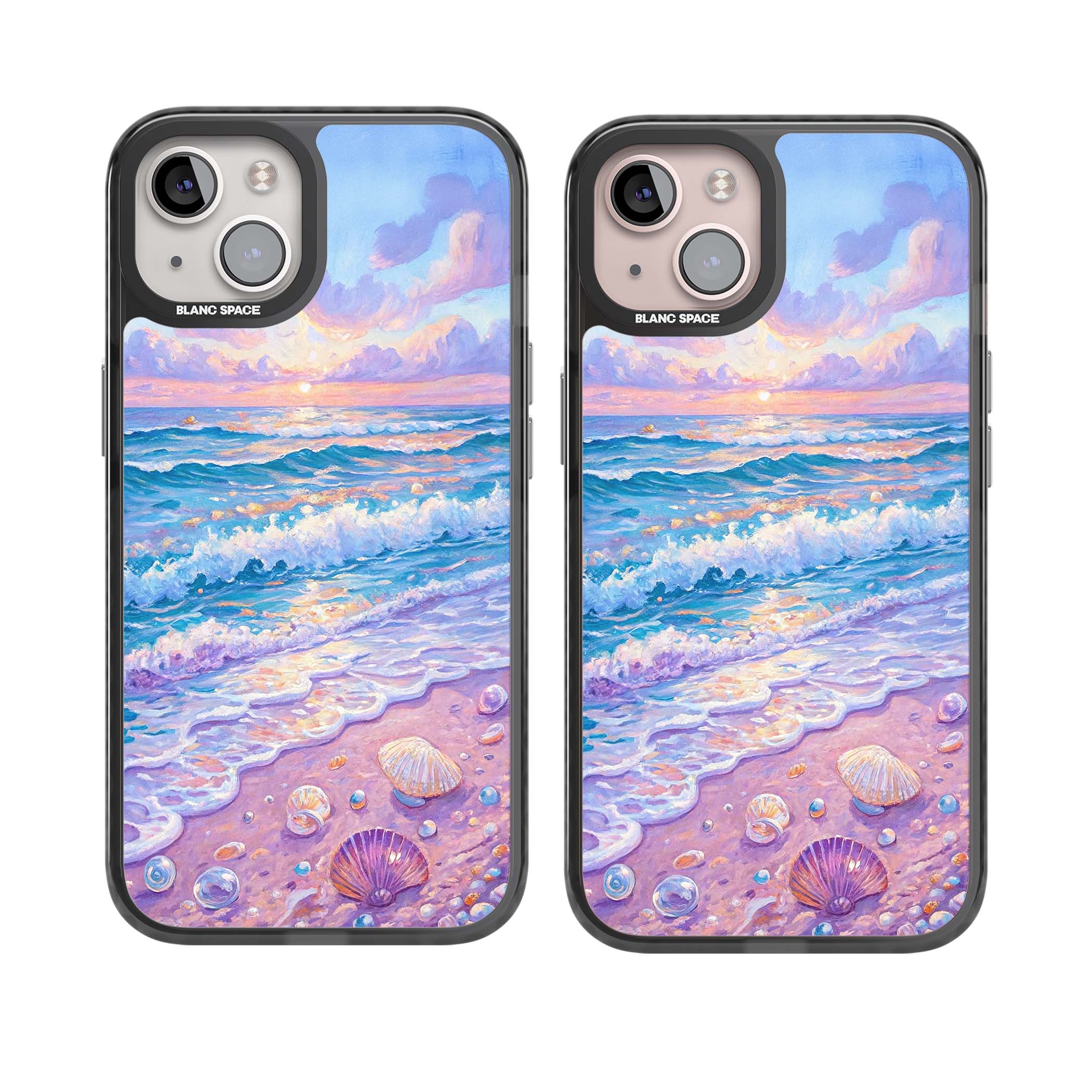 Pearl Shore coastal iPhone case featuring pastel painted waves, seashells, and a sunrise sky over a lavender beach. | Black Impact case for iPhone 13, iPhone 14, iPhone 15