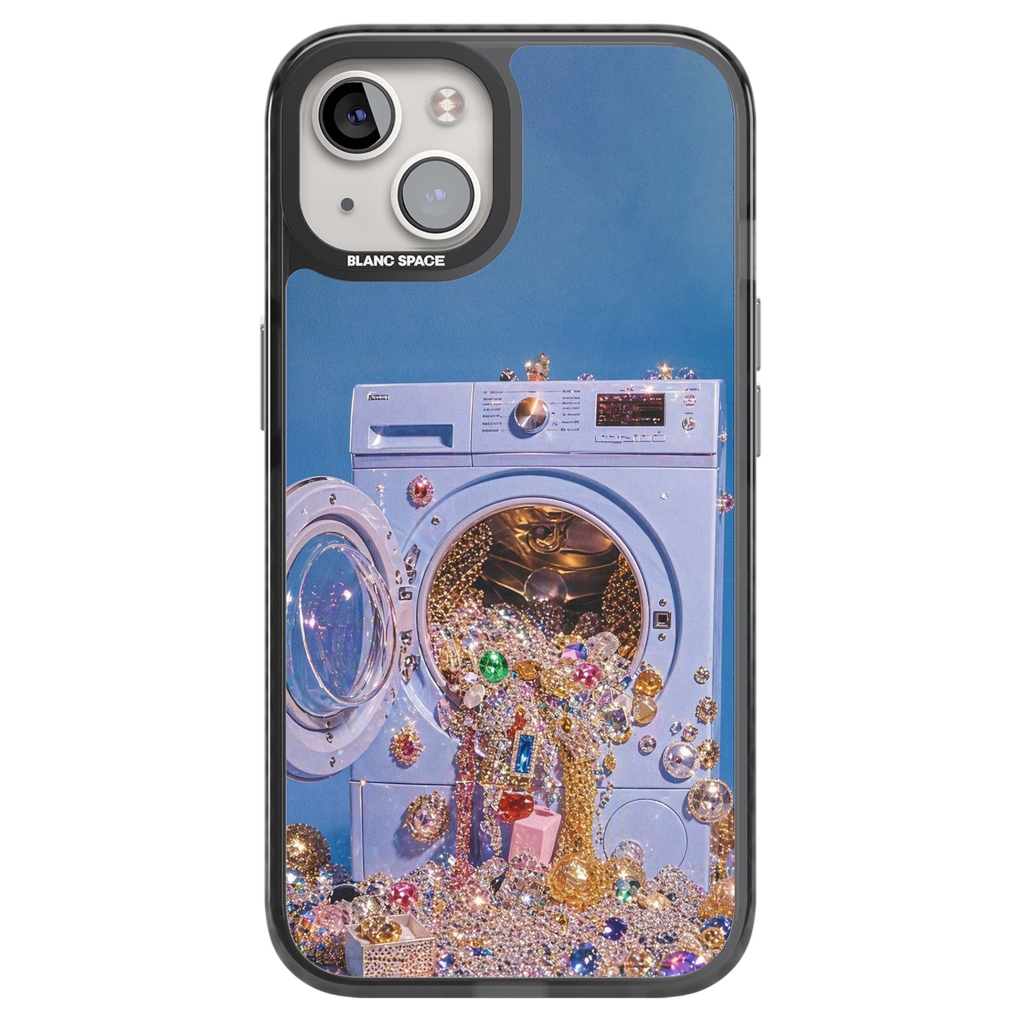 Gem Laundry baddie iPhone case featuring a surreal washing machine overflowing with colourful gemstones and crystals | Black Impact case for iPhone 13, iPhone 14, iPhone 15