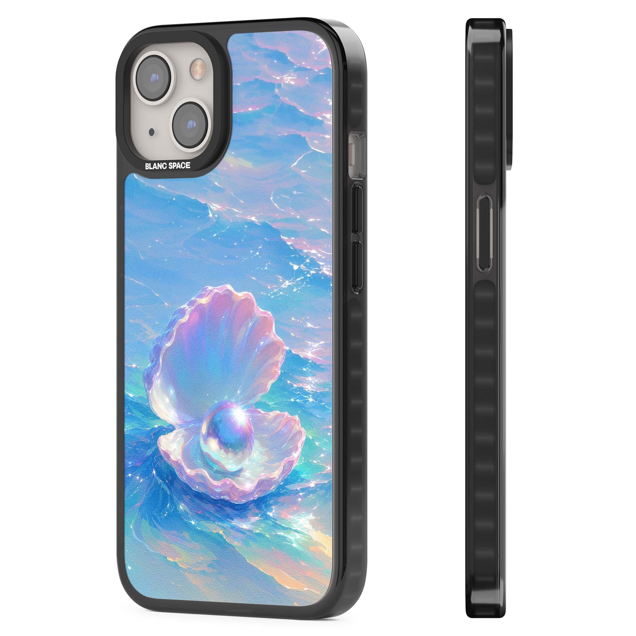 The Pearl Clam mermaidcore iPhone case featuring iridescent seashell, glowing pearl and pastel ocean waves | Black Impact case for iPhone 13, iPhone 14, iPhone 15