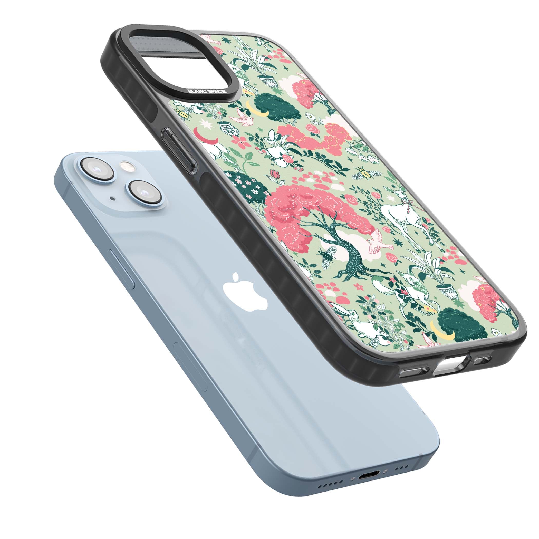 Enchanted Woodland cottagecore iPhone case featuring white deer, pink roses, mushrooms and woodland animals on sage green | Black Impact case for iPhone 13, iPhone 14, iPhone 15