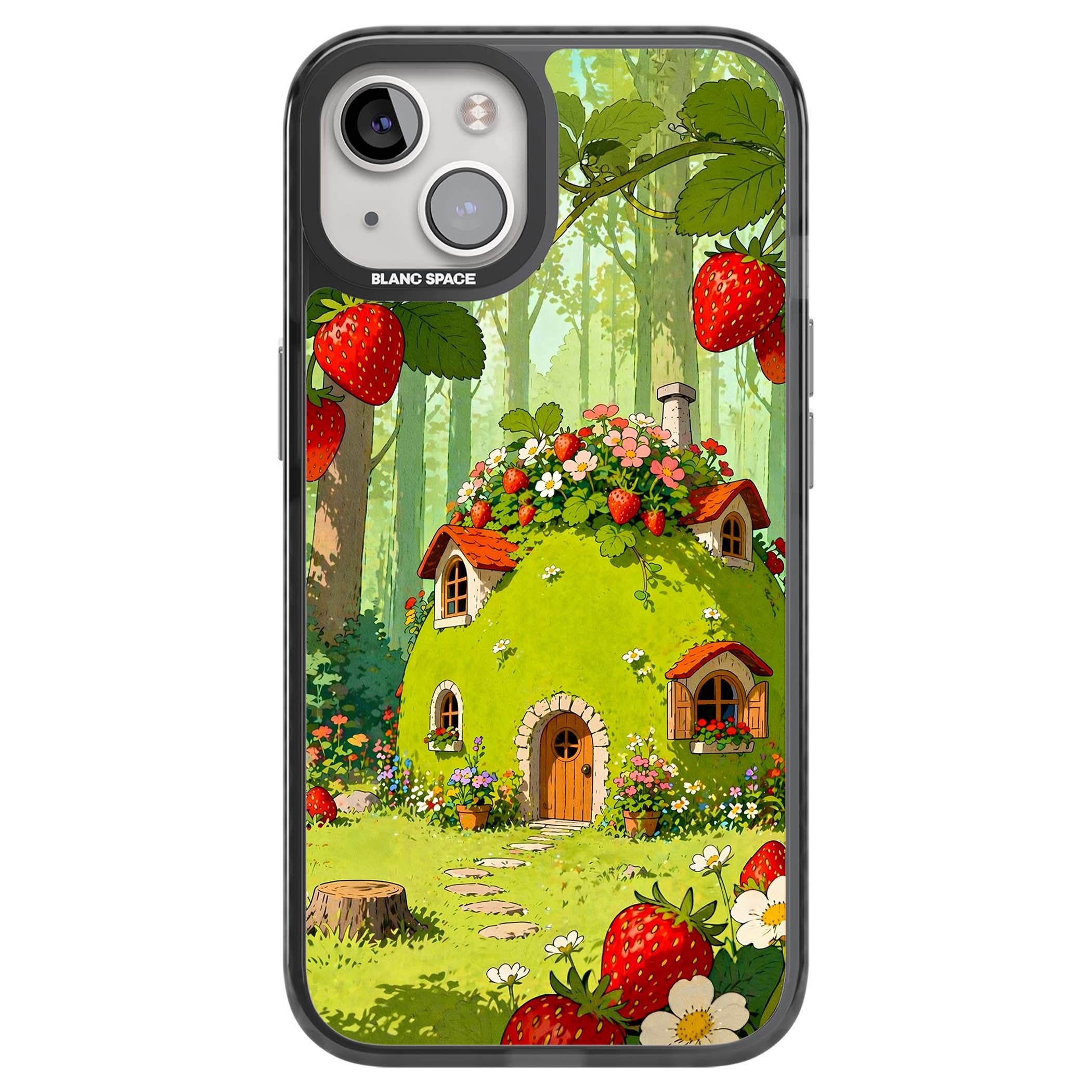 Strawberry Cottage cottagecore iPhone case featuring a green fairy house, wild strawberries and enchanted forest flowers | Black Impact case for iPhone 13, iPhone 14, iPhone 15