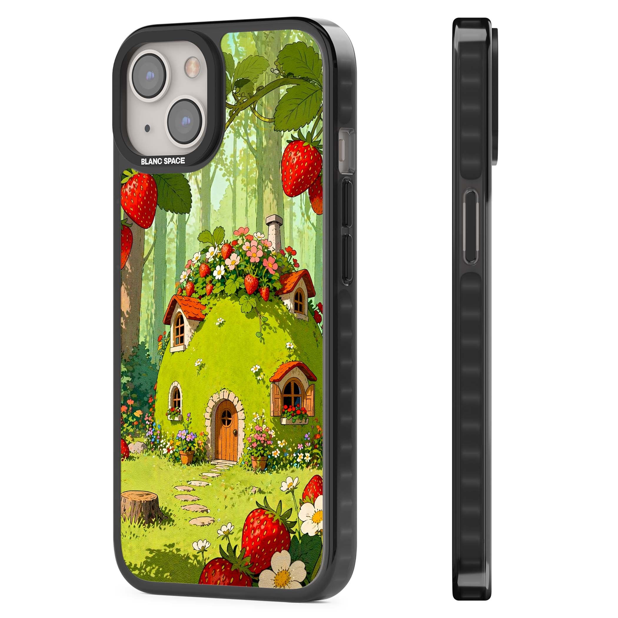 Strawberry Cottage cottagecore iPhone case featuring a green fairy house, wild strawberries and enchanted forest flowers | Black Impact case for iPhone 13, iPhone 14, iPhone 15