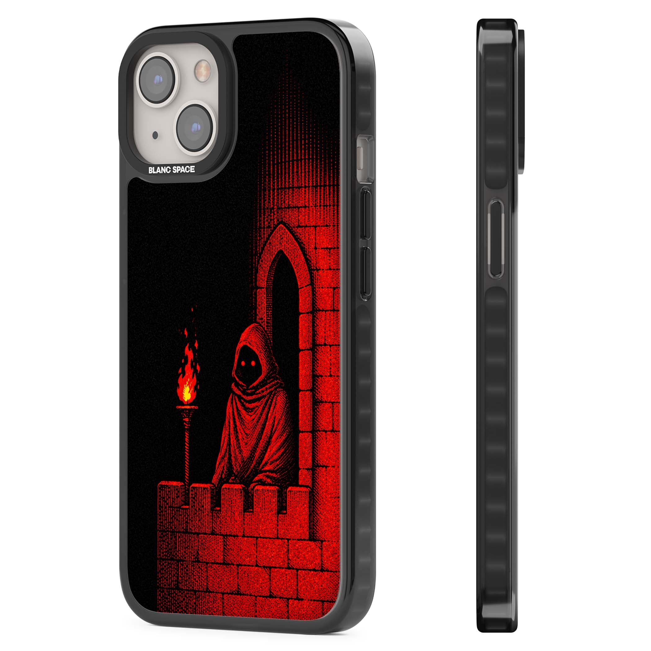 Crimson Crypt gothic iPhone case featuring a hooded reaper, torchlit crypt archway and red halftone horror art | Black Impact case for iPhone 13, iPhone 14, iPhone 15