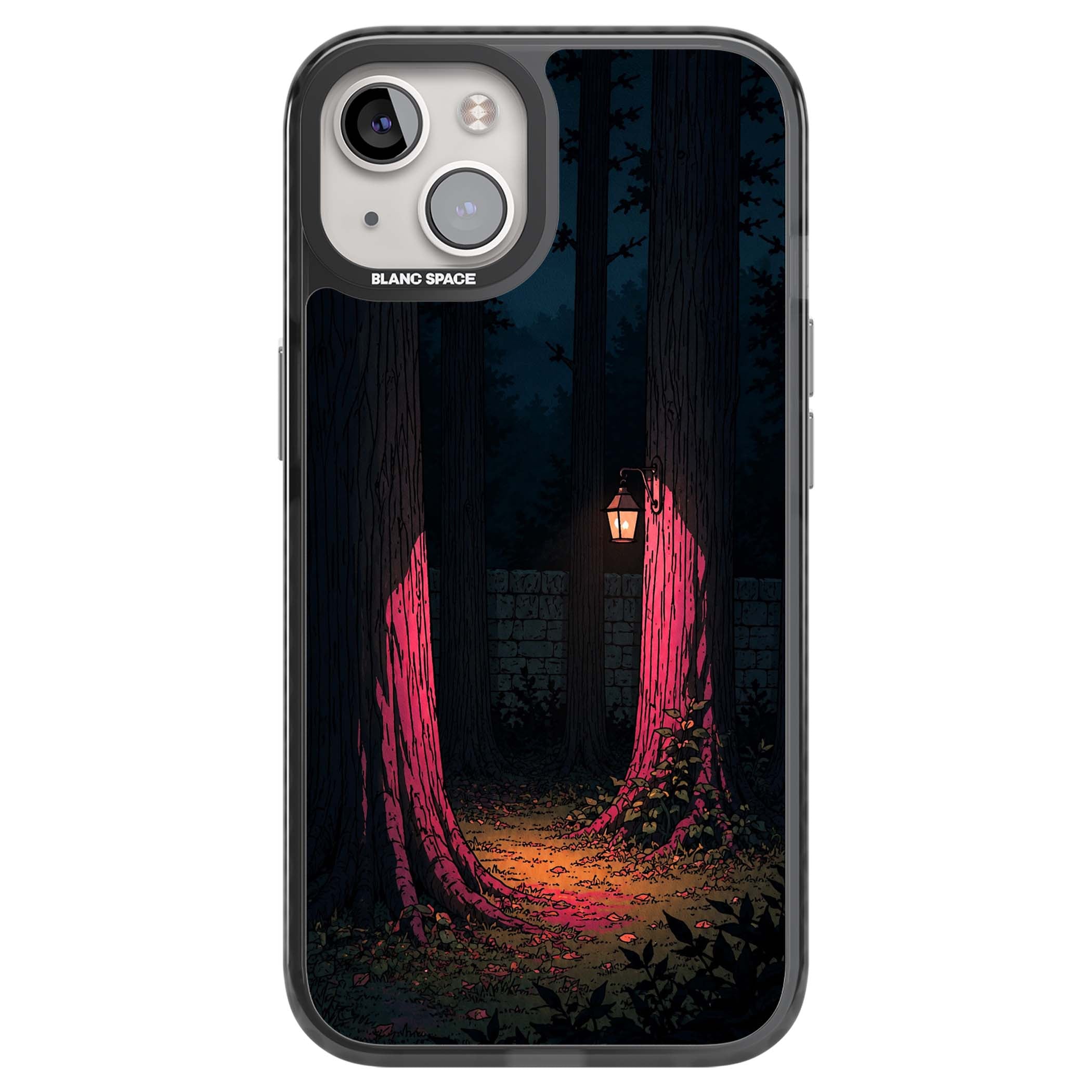 Forest Lantern dark academia iPhone case featuring a moonlit forest, glowing lantern, and stone wall pathway | Black Impact case for iPhone 13, iPhone 14, iPhone 15