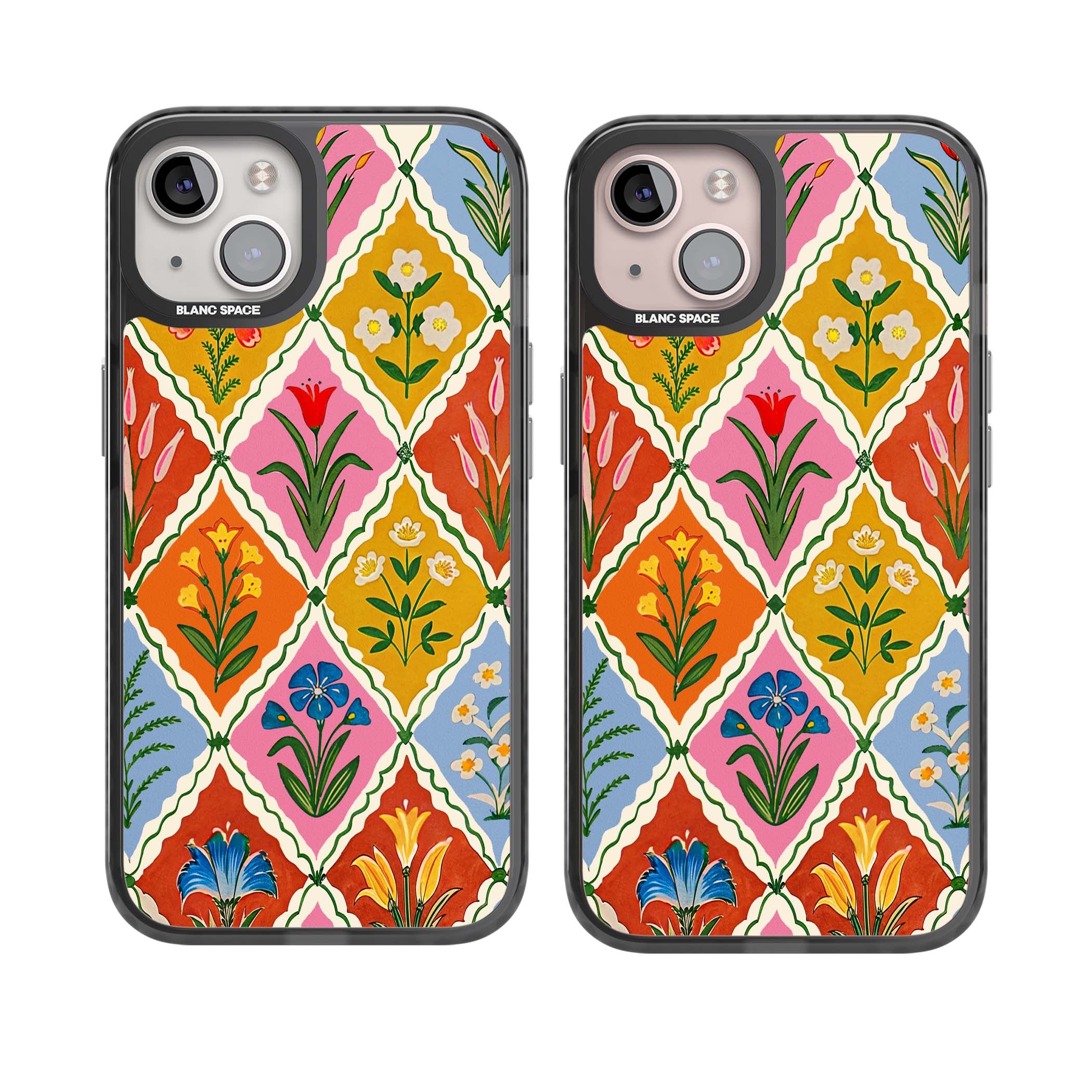 Floral Quilt boho floral iPhone case featuring diamond lattice pattern, hand-painted tulips and folk art wildflowers | Black Impact case for iPhone 13, iPhone 14, iPhone 15