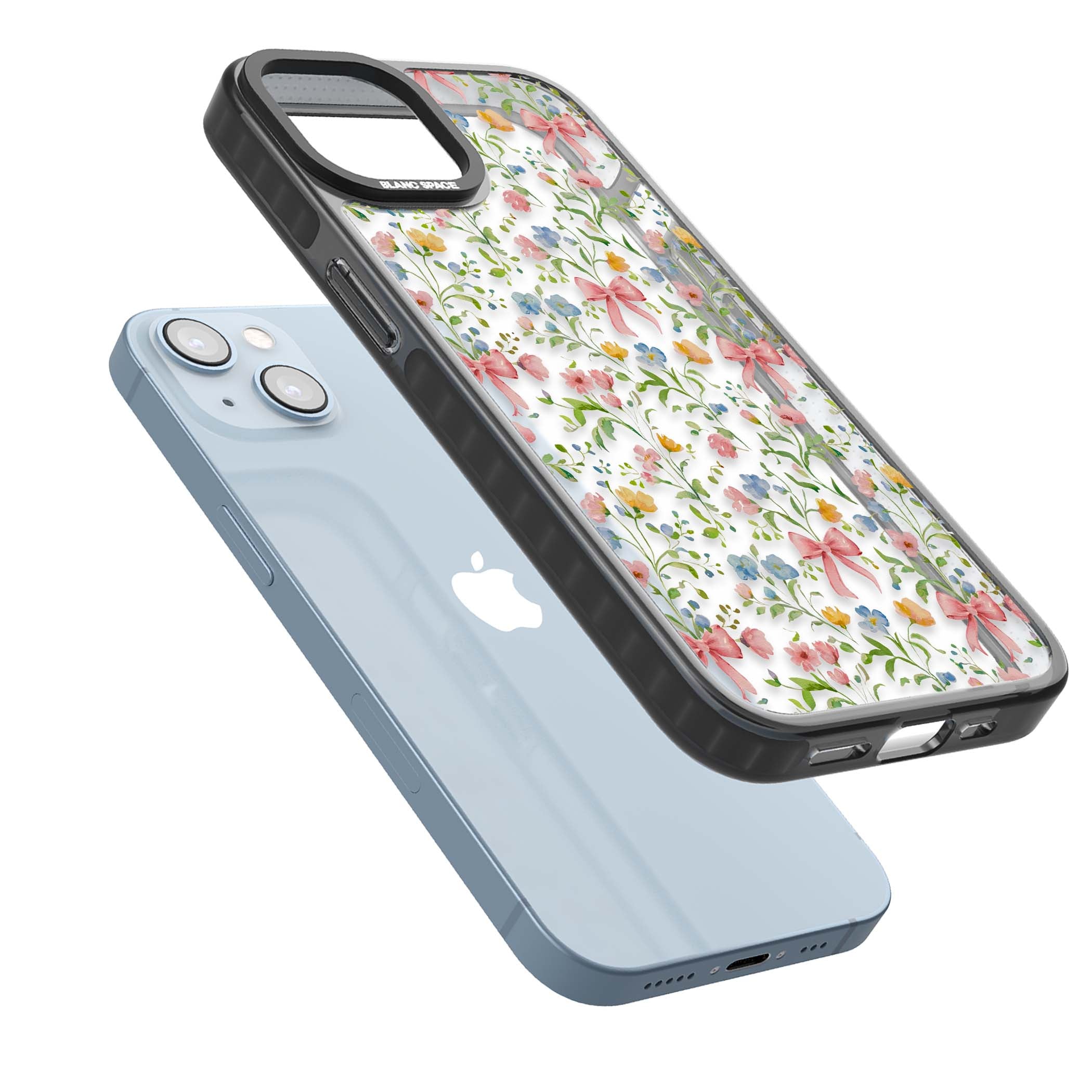 Ribbons & Wildflowers cottagecore iPhone case featuring watercolor wildflowers, pink satin bows, and delicate spring blooms o | Black Impact case for iPhone 13, iPhone 14, iPhone 15
