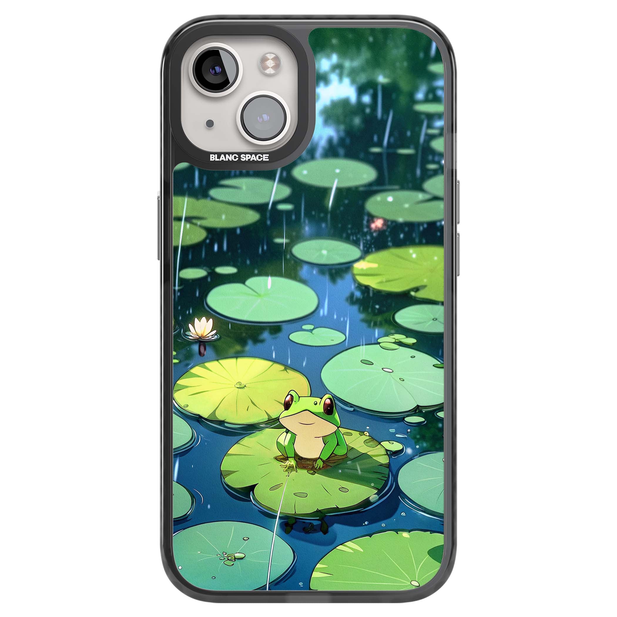 Frog In Lily Pond cottagecore iPhone case featuring a cute green frog on a lily pad with falling rain and a lotus flower | Black Impact case for iPhone 13, iPhone 14, iPhone 15