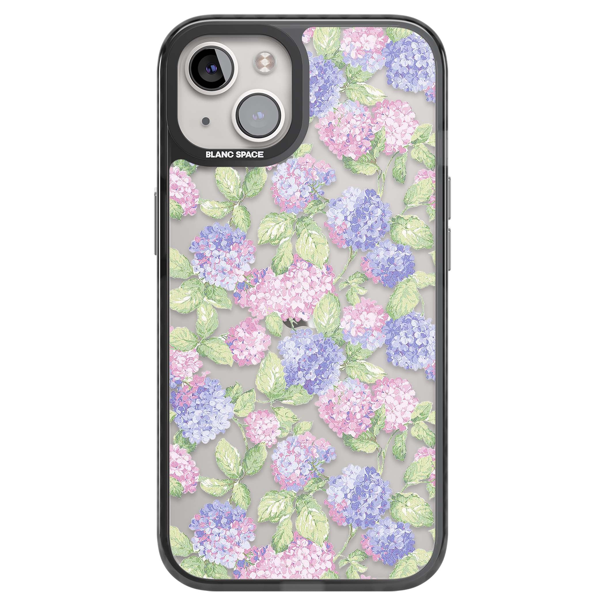 Cottage Hydrangea cottagecore iPhone case featuring pink and purple hydrangea blooms with green leaves on a clear background | Black Impact case for iPhone 13, iPhone 14, iPhone 15