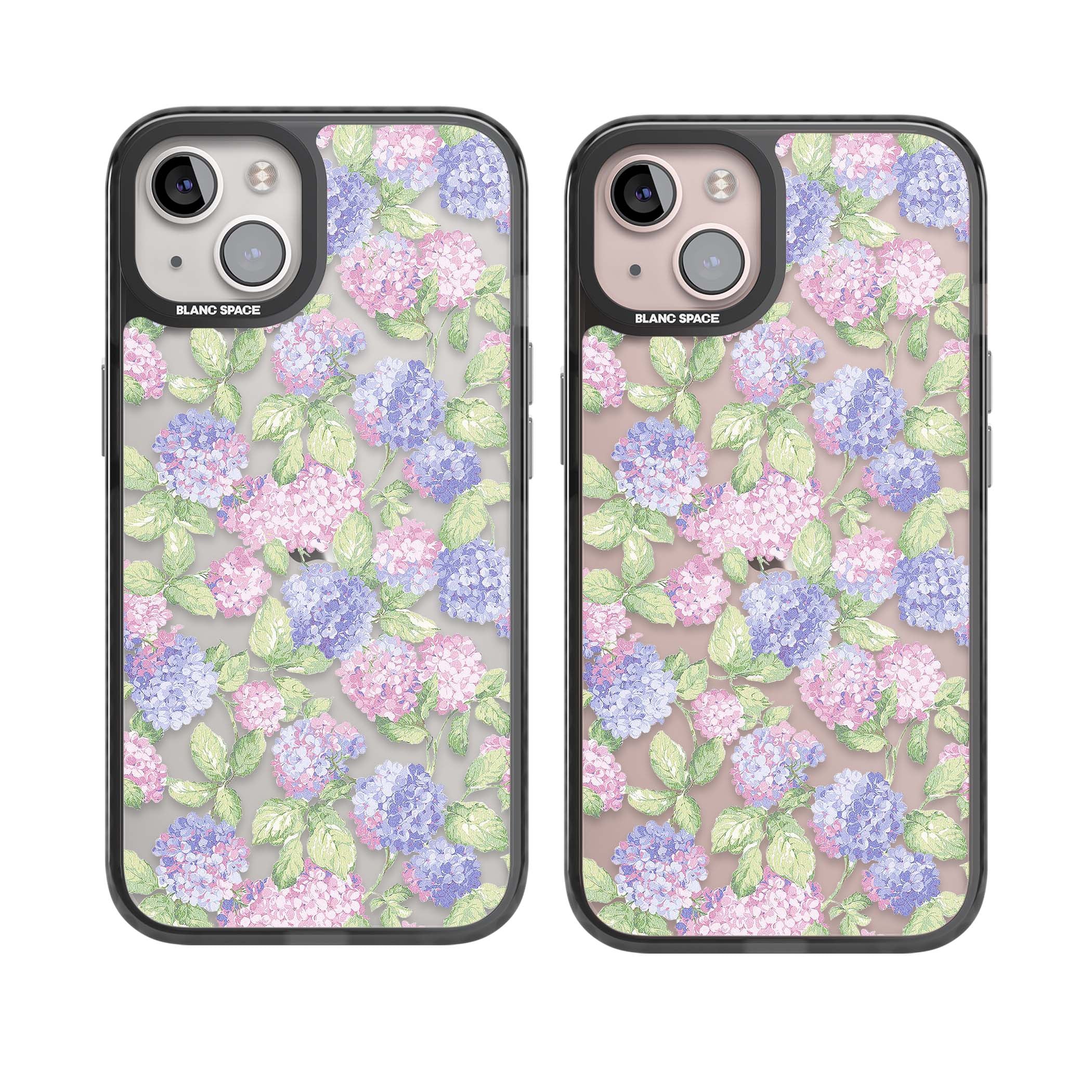Cottage Hydrangea cottagecore iPhone case featuring pink and purple hydrangea blooms with green leaves on a clear background | Black Impact case for iPhone 13, iPhone 14, iPhone 15