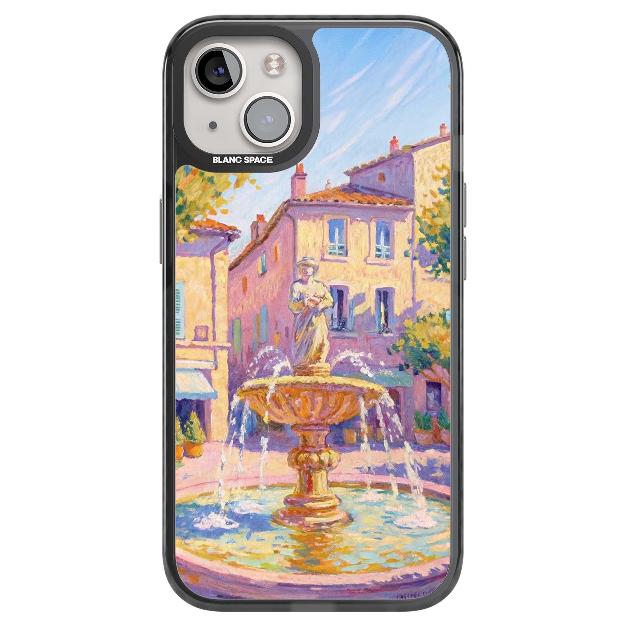 Fountain Square fine art iPhone case featuring an impressionist Provençal fountain, pastel village buildings and summe | Black Impact case for iPhone 13, iPhone 14, iPhone 15