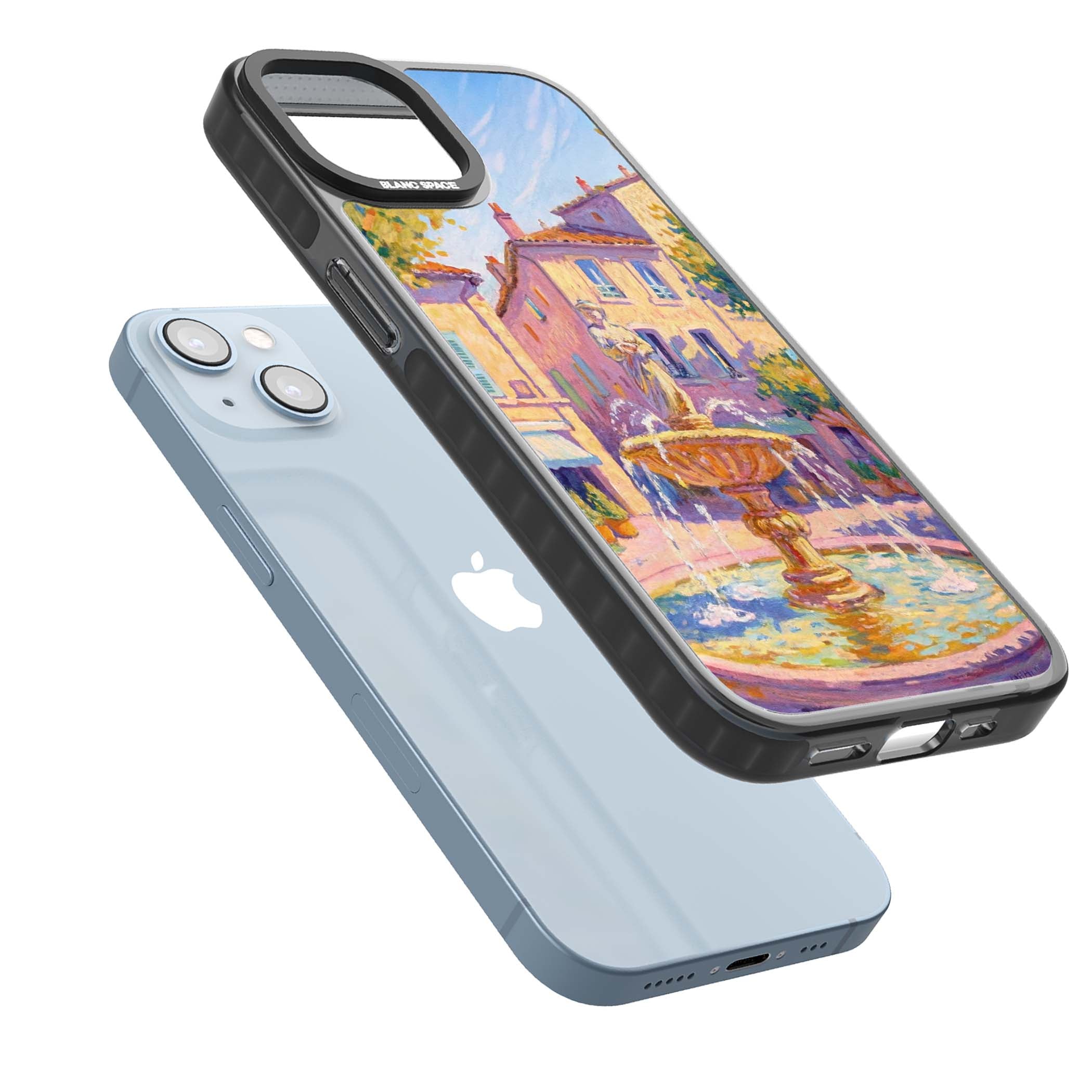 Fountain Square fine art iPhone case featuring an impressionist Provençal fountain, pastel village buildings and summe | Black Impact case for iPhone 13, iPhone 14, iPhone 15