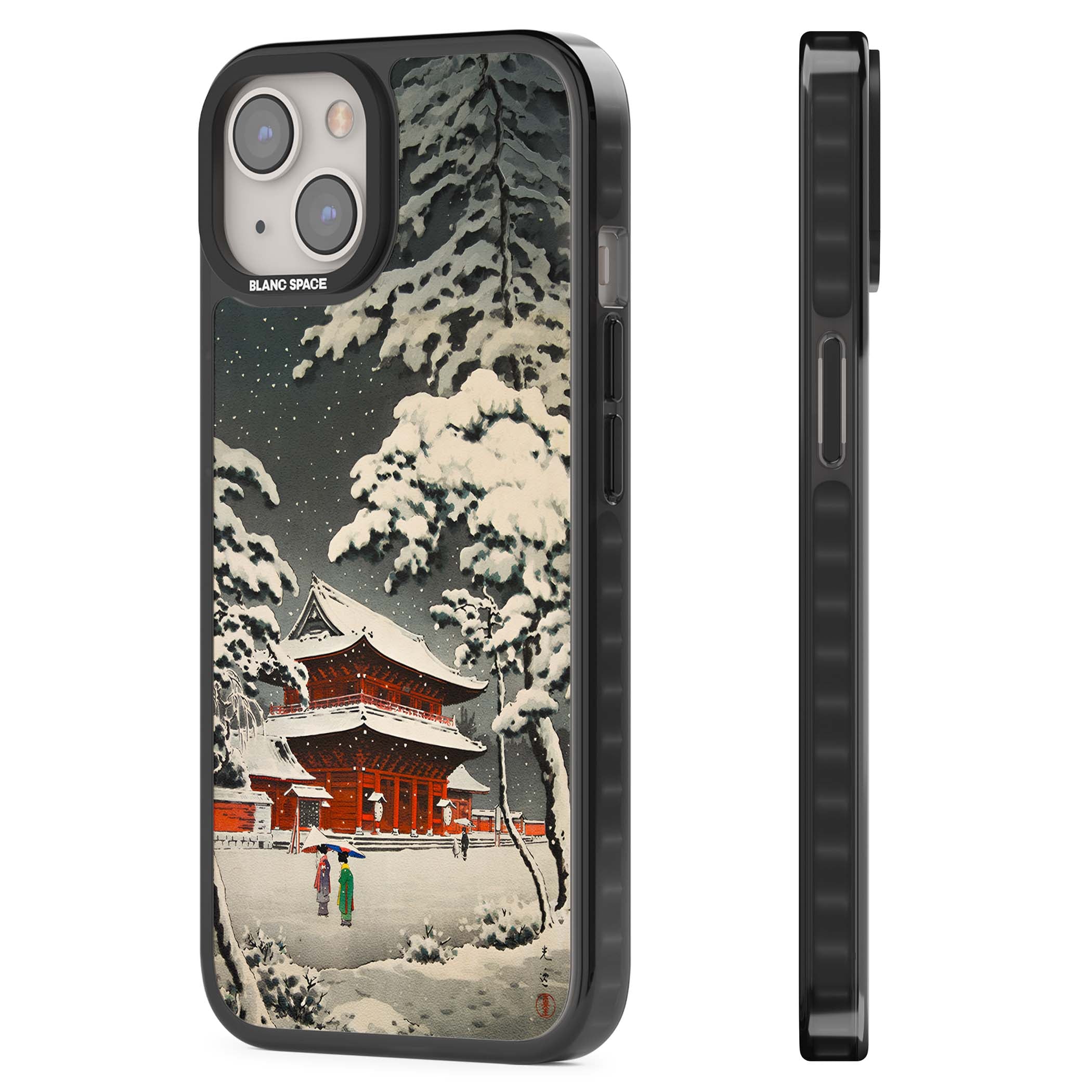 Snow at Shiha Park, Tokyo Japanese art iPhone case featuring a vintage ukiyo-e snowy temple, red pagoda, and snow-covered pin | Black Impact case for iPhone 13, iPhone 14, iPhone 15