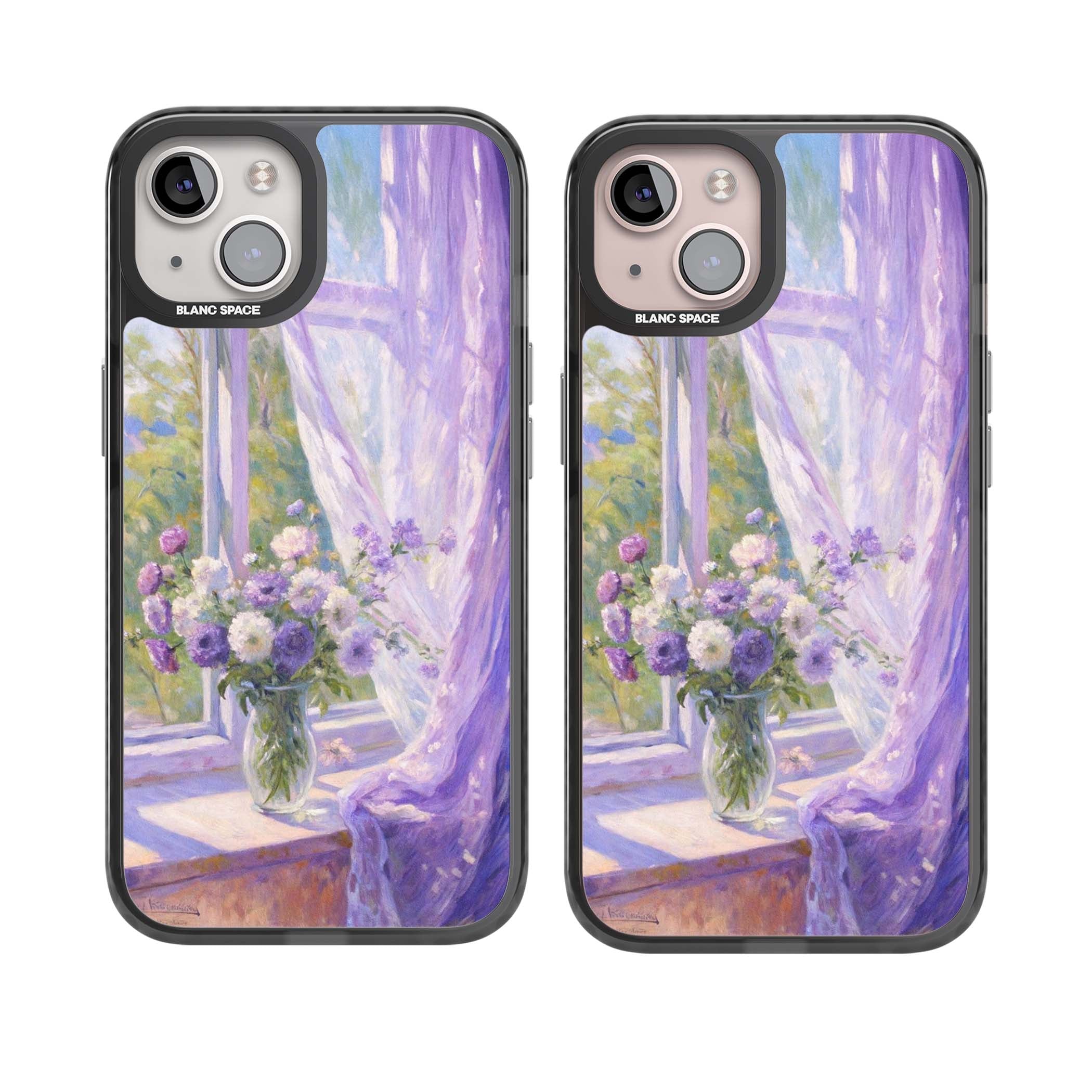 A Provence Morning impressionist art iPhone case featuring a vase of purple flowers, sunlit window and sheer curt | Black Impact case for iPhone 13, iPhone 14, iPhone 15