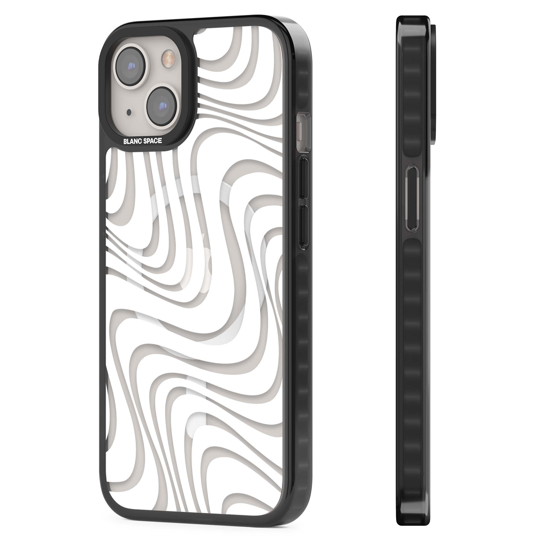 White Abstract Waves abstract iPhone case featuring flowing grey wave pattern on clear background | Black Impact Magsafe case for iPhone 13, iPhone 14, iPhone 15